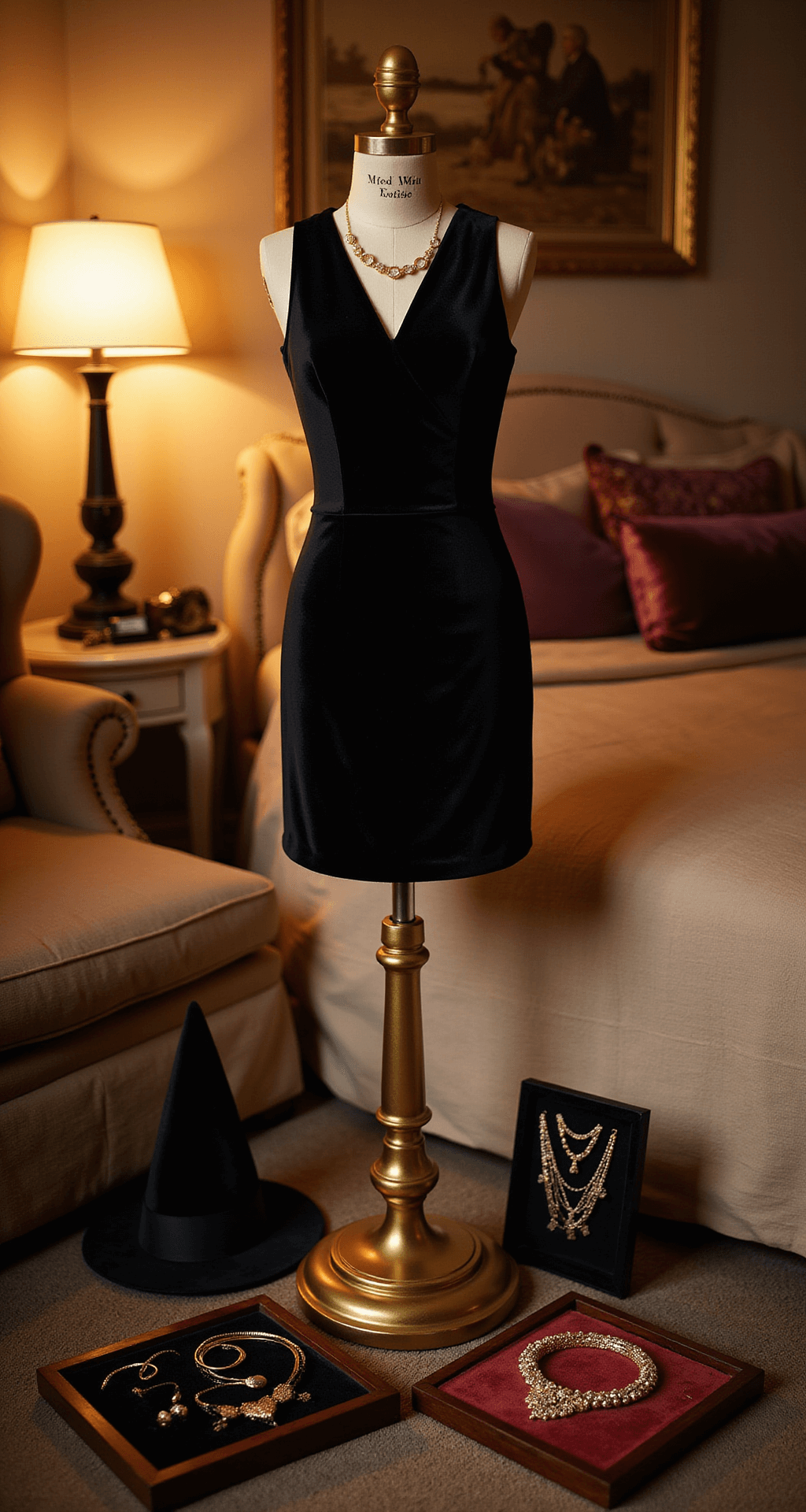 A luxe bedroom setting bathed in warm lamplight, featuring a tailored little black dress on a golden mannequin surrounded by themed accessories like cat ears, a witch hat, and glamorous jewelry on velvet trays, shot from a low angle for a sophisticated ambiance.