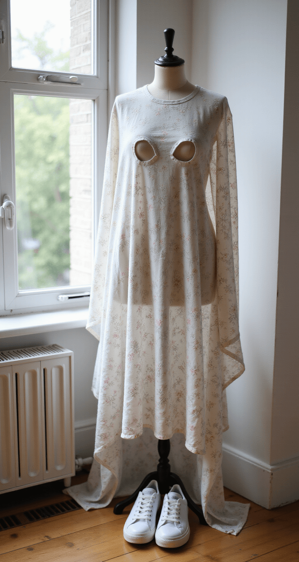 A bright living room corner with large windows showcases a whimsical ghost costume arranged on a dress form, featuring a floral patterned vintage sheet with eye holes and trendy white sneakers below, illuminated by natural midday light.