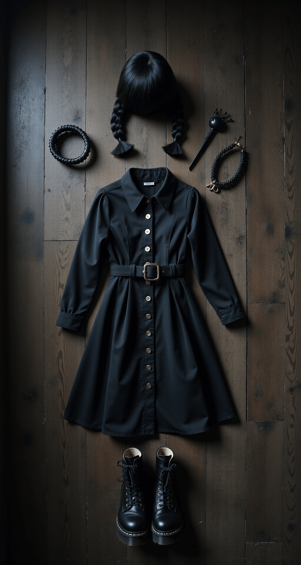 A flat lay of a Wednesday Addams-inspired outfit featuring a black peter pan collar dress on a dark wooden floor, surrounded by a braided wig, gothic accessories, and platform boots, illuminated by dramatic side lighting that casts deep shadows.