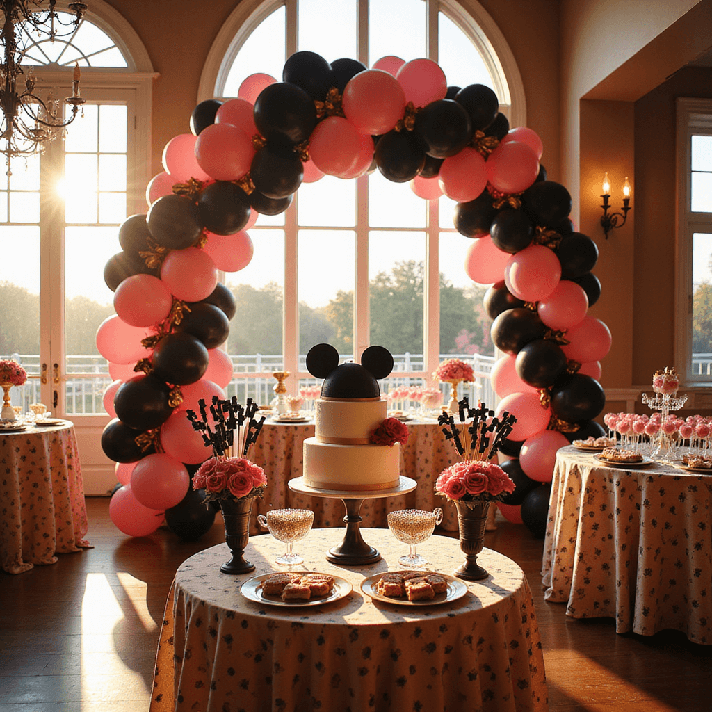 A whimsical indoor ballroom decorated for a Minnie Mouse birthday party, featuring a grand pink and black balloon arch, round tables with polka dot linens, towering centerpieces with pink roses, and a statement dessert table with a 3-tier Minnie Mouse cake and glittering cake pops, all bathed in warm golden light.