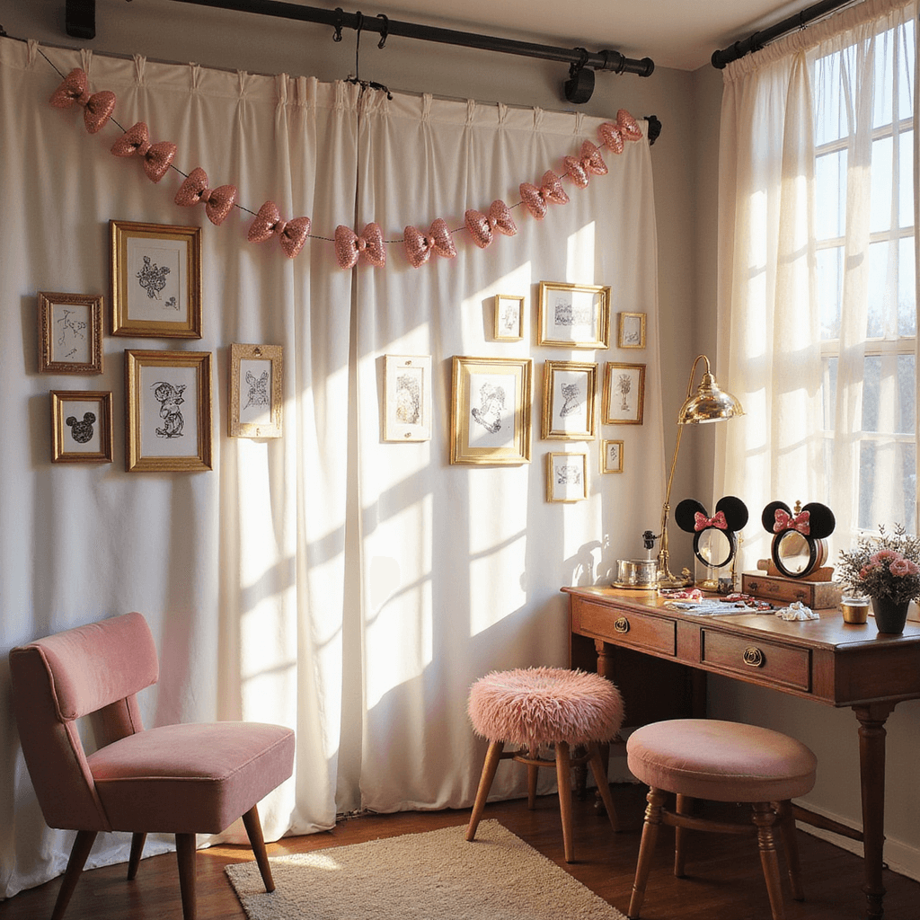 A cozy photo booth corner illuminated by soft afternoon light, featuring a custom backdrop of pink bow garlands and metallic Minnie silhouettes, framed by sheer white drapes and vintage gold frames with Disney artwork, alongside a props station with plush seats and a vintage vanity displaying character ears and accessories.