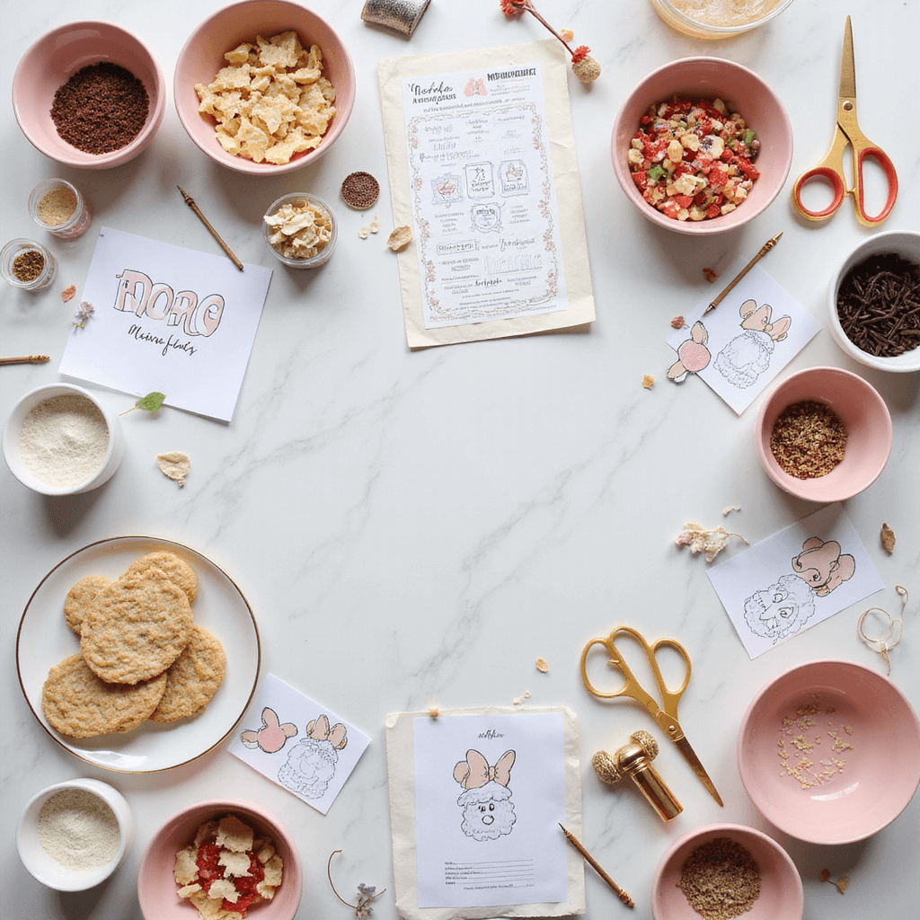 Overhead flat lay of a beautifully organized craft station with white marble tables, pink ceramic bowls of supplies, custom activity sheets, and golden scissors, illuminated by natural light, featuring personalized place cards and Minnie-shaped cookie decorating stations.