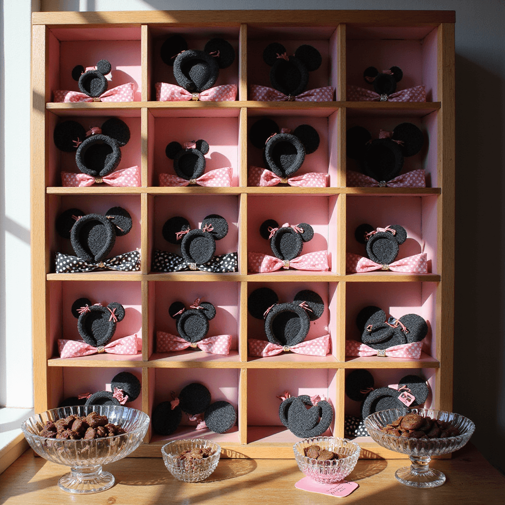 Close-up of a sunlit party favor display featuring a custom wooden shelving unit with black and pink color-blocked sections, showcasing polka dot-wrapped favor boxes, handmade Minnie ear headbands arranged in graduated heights, crystal bowls of chocolate treats, and personalized gift tags.