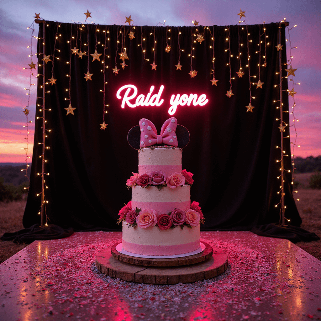 Life-sized Minnie Mouse cake adorned with fairy lights and pink uplighting, set against a luxe black velvet backdrop with golden stars and a neon name sign, surrounded by scattered rose petals and metallic confetti, captured from a low angle at dusk.