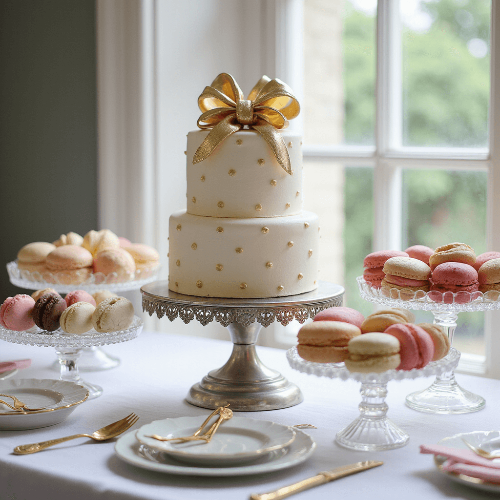Detailed shot of an elegant dessert station featuring a three-tiered white fondant cake with hand-painted polka dots and a gold bow on an antique silver cake stand, surrounded by ombré pink petit fours and macarons, presented on crystal cake plates with gold cutlery, captured in natural window light to highlight texture.