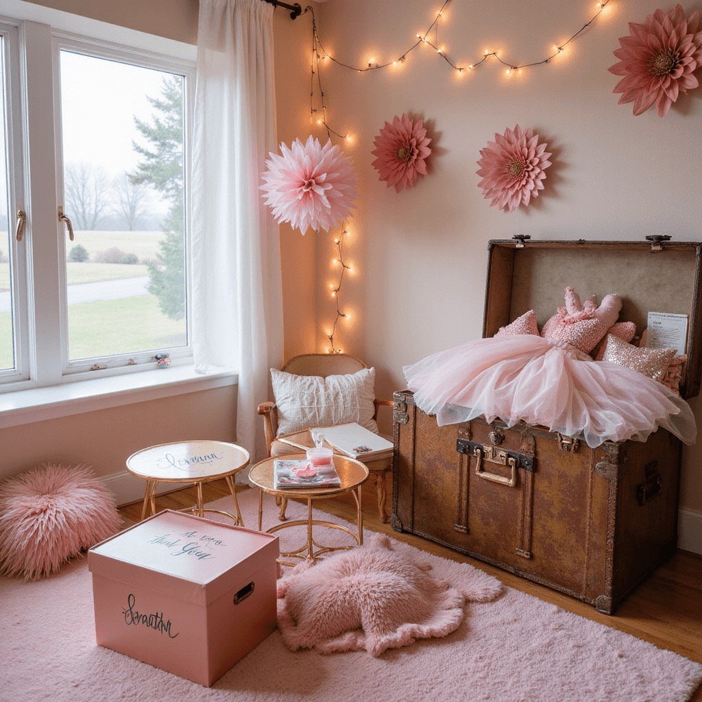Cozy activity corner at magic hour with rose gold tables, pink floor cushions, custom craft boxes featuring Disney-themed supplies, oversized paper flowers, string lights, and a vintage dress-up trunk full of tulle and sparkly accessories.