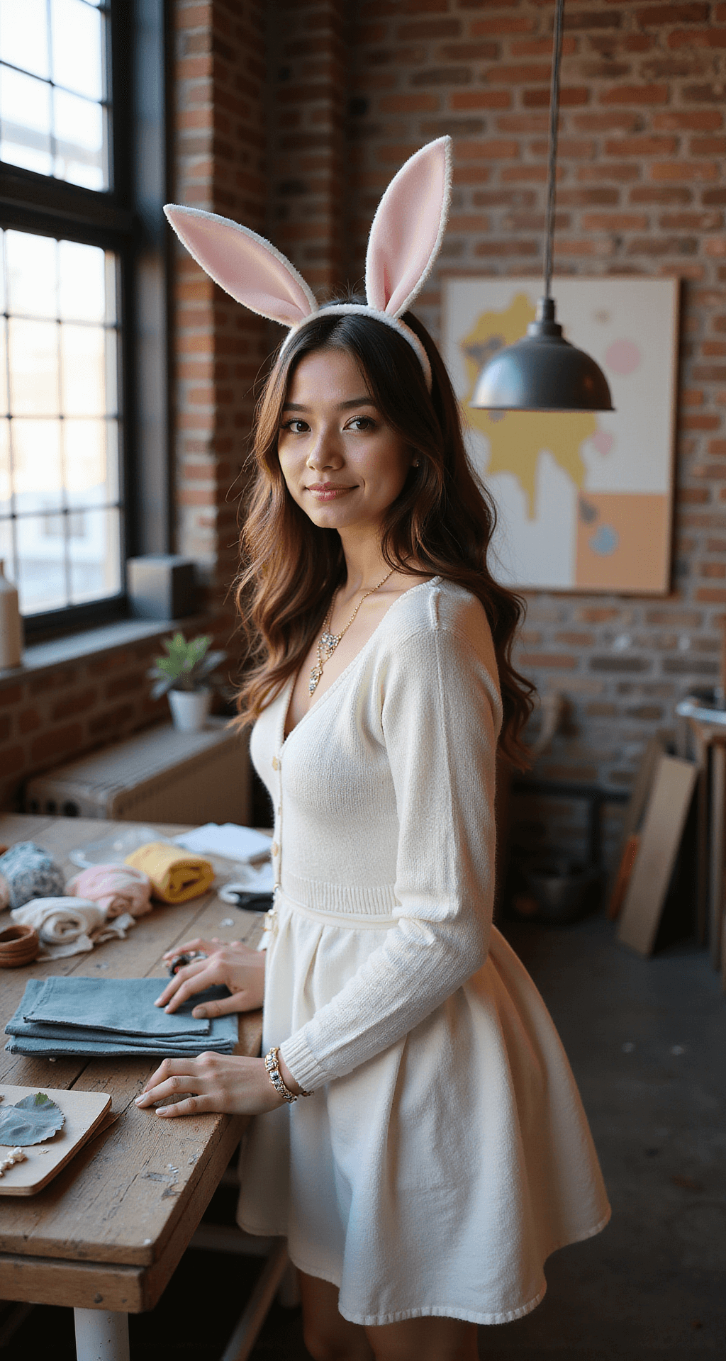 A young woman in a repurposed white sweater dress, adorned with handmade crystal-embellished bunny ears, works on a DIY bunny costume in an industrial-chic studio with exposed brick walls. Surrounded by colorful fabric swatches, craft supplies, and vintage items, she is captured from a side angle, with a mix of natural and warm artificial lighting illuminating the creative process.