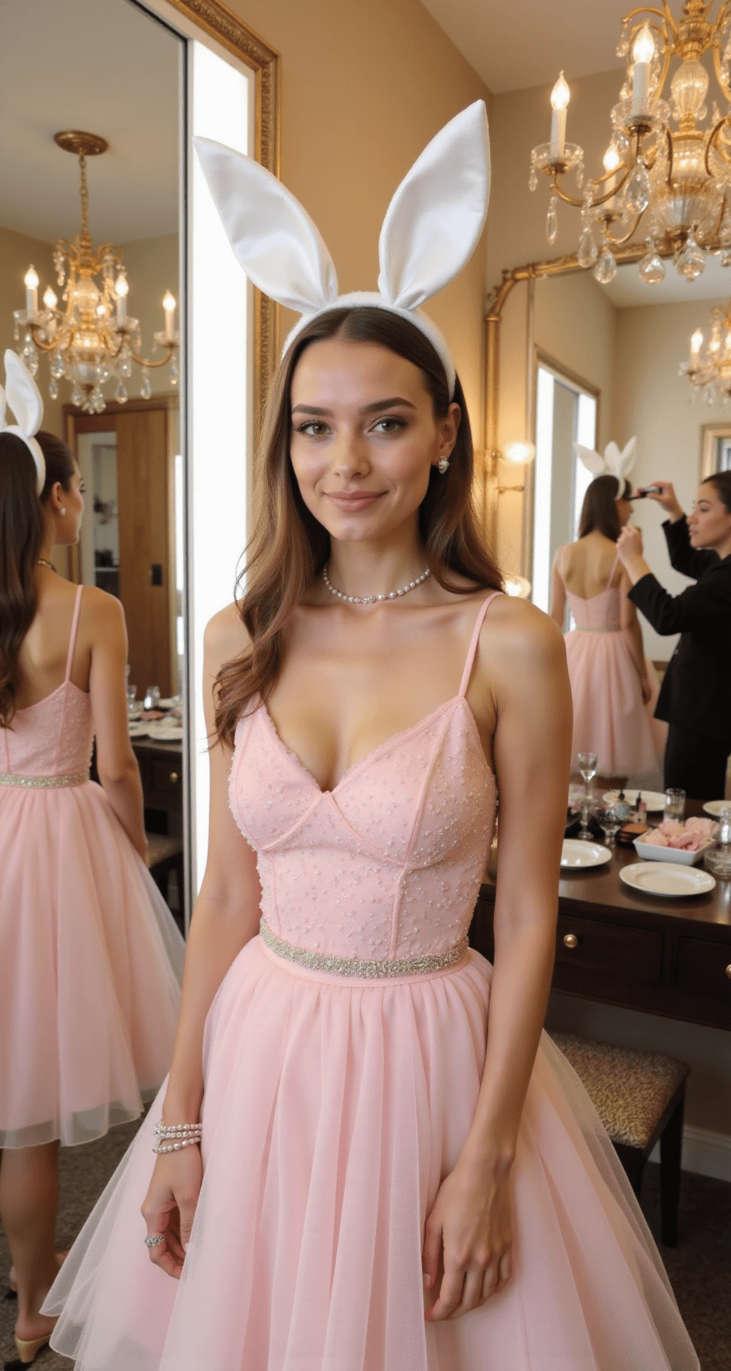 A model in a pastel pink tulle dress and white satin bunny ears poses in an upscale boutique dressing room with champagne-colored walls and vintage chandeliers, surrounded by mirror reflections and soft lighting, while close-up details of makeup are visible in the vanity mirror.