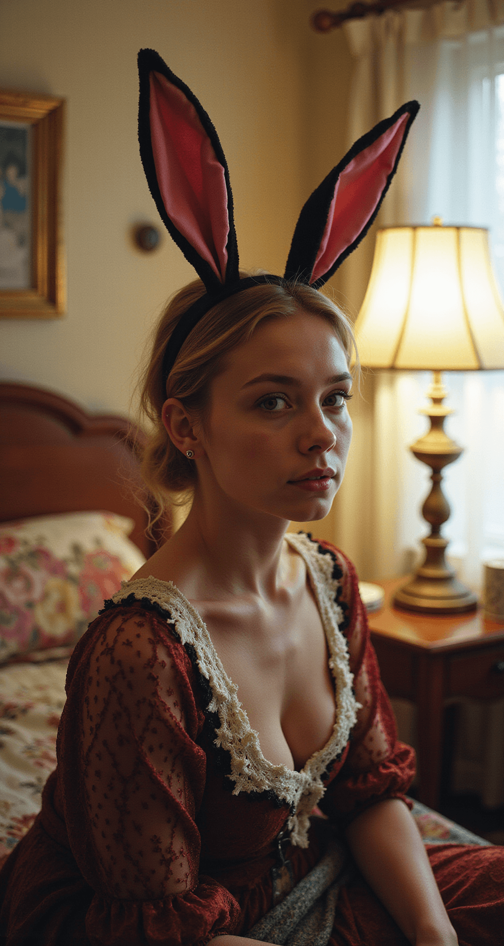 A vintage-inspired bedroom with bohemian decor features a fashion student working on a budget-friendly bunny costume made from thrifted materials. The costume incorporates various textures like velvet, lace, and silk, with hand-painted DIY ears adorned with repurposed jewelry. The warm glow of a lamp contrasts with the cool light from a window, creating a cozy atmosphere, while a shallow depth of field emphasizes the creative details of the project.