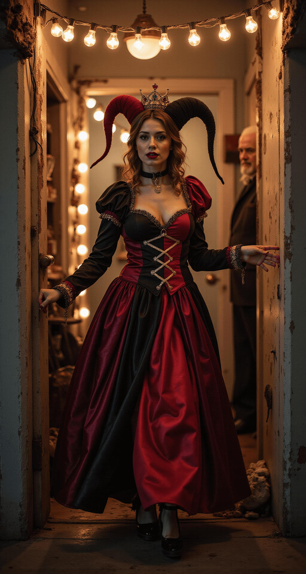A dynamic Halloween party entrance scene illuminated by vintage string lights, featuring a person in a Queen of Hearts costume with a flowing dress and flawless makeup, exuding theatrical drama. The scene includes themed props and interactive costume details, captured with a wide-angle lens to emphasize the lively atmosphere.