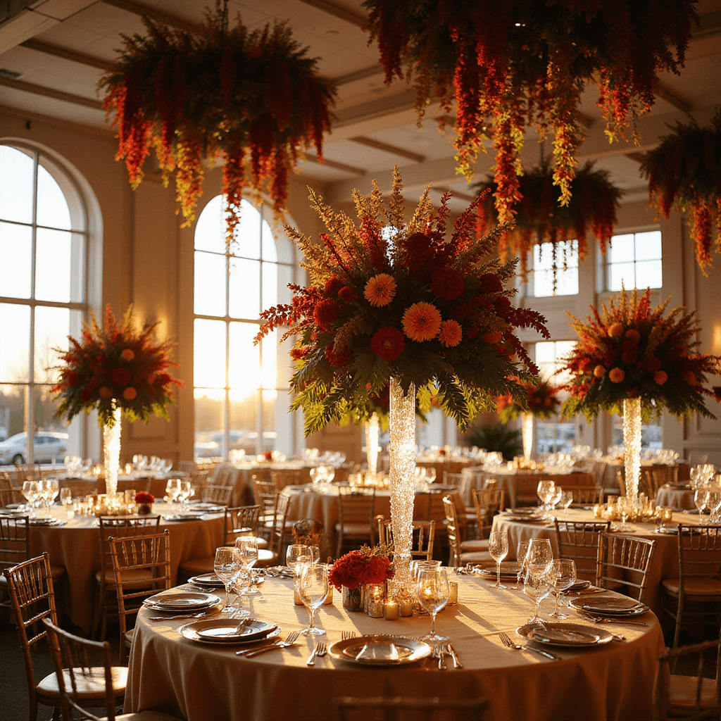 A grand indoor ballroom during golden hour, featuring ceiling-height floral installations of burgundy chrysanthemums and cascading amaranthus, round tables with champagne silk linens and towering centerpieces of dahlias and autumn foliage, illuminated by soft natural light through floor-to-ceiling windows, highlighting crystal chandeliers and amber-tinted glassware.