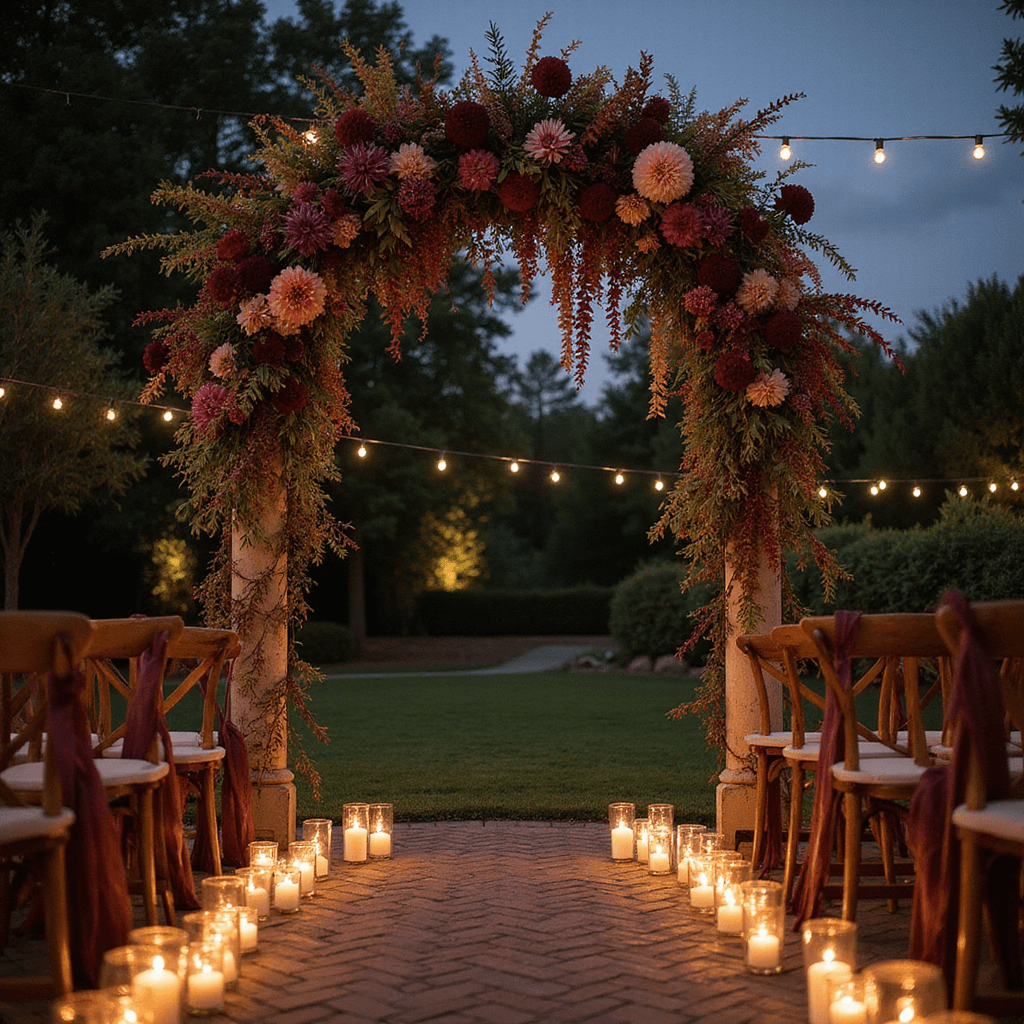 An intimate garden ceremony at dusk, featuring a floral arch adorned with deep purple lisianthus and wine-colored dahlias, illuminated by glass lanterns, with vintage wooden chairs decorated with autumn foliage and burgundy ribbon.