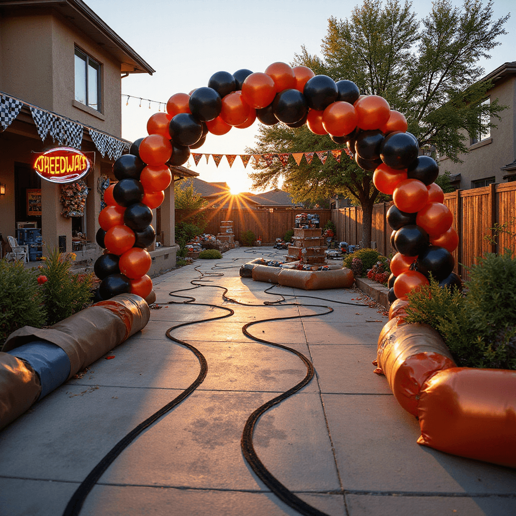 Photorealistic wide-angle view of a transformed backyard race track paradise at golden hour, featuring orange and black race tape pathways, a grand metallic balloon arch, winding cardboard tunnel tracks, checkered flag bunting, tiered wooden platforms with Hot Wheels cars, and a glowing 'SPEEDWAY' neon sign against racing memorabilia.