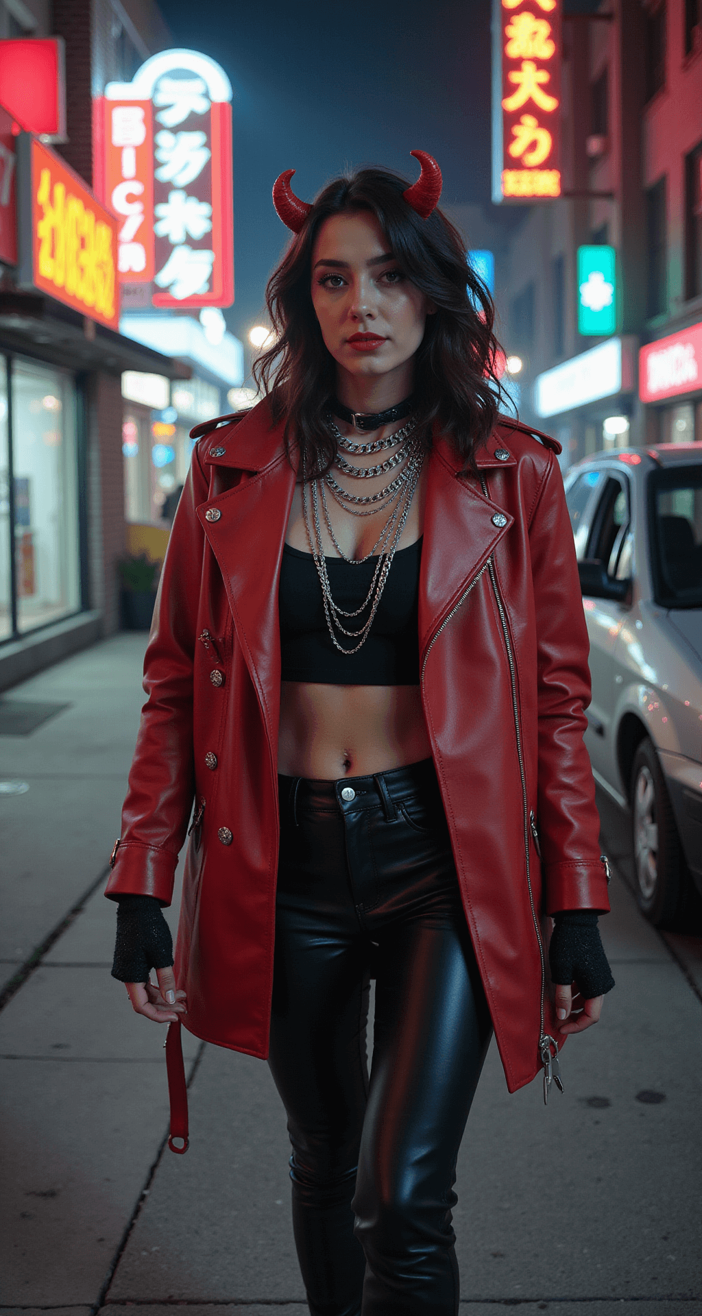 A model in an edgy oversized red leather jacket and high-waisted leather pants strides past vintage storefronts on a foggy urban street corner, illuminated by neon signs. Their look is completed with silver chain necklaces, fingerless gloves, and studded mini horns, while wet-look hair with red tips enhances the streetwear aesthetic. The image captures a sense of motion with slight blur.