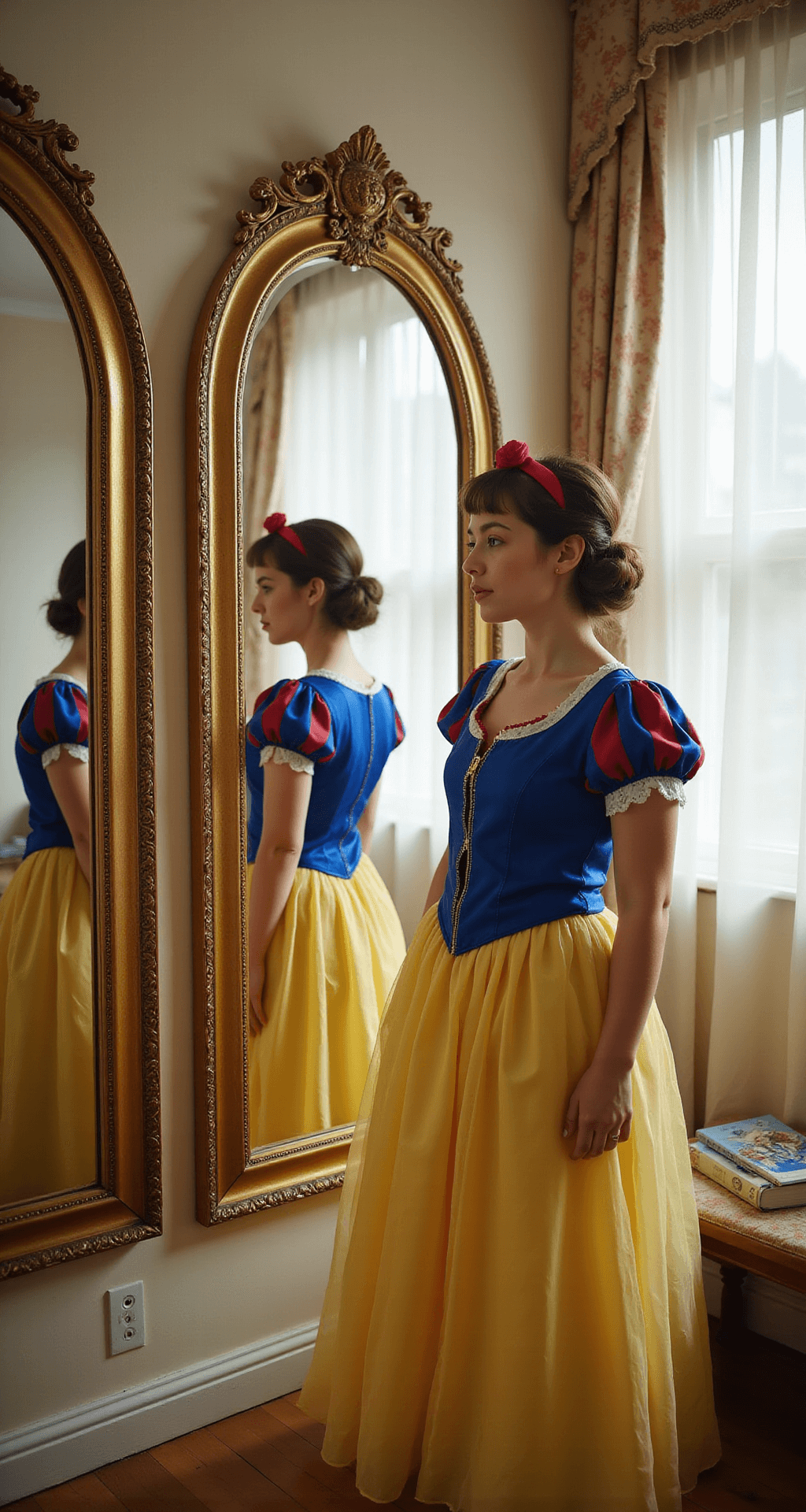 A young woman trying on a Snow White costume in a bright dressing room, featuring ornate gold-framed mirrors, soft afternoon light, and a dreamy bokeh effect that emphasizes the costume's rich colors and textures.