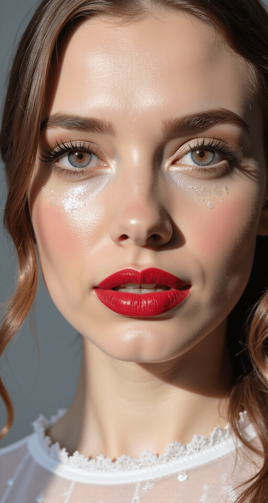 Close-up of a model in a makeup studio with Snow White-inspired makeup, featuring porcelain skin, red lips, and defined brows, highlighted by natural window light. Detailed view of long false lashes and rosy cheeks against a clean white background.