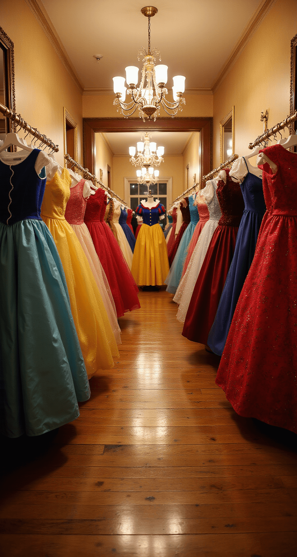 A boutique fitting room featuring a wide-angle view of multiple variations of Snow White costumes on display, with rich wooden floors, elegant chandelier lighting, and full-length mirrors, showcasing a range of price points and fabric qualities in a warm, inviting golden hour ambiance.