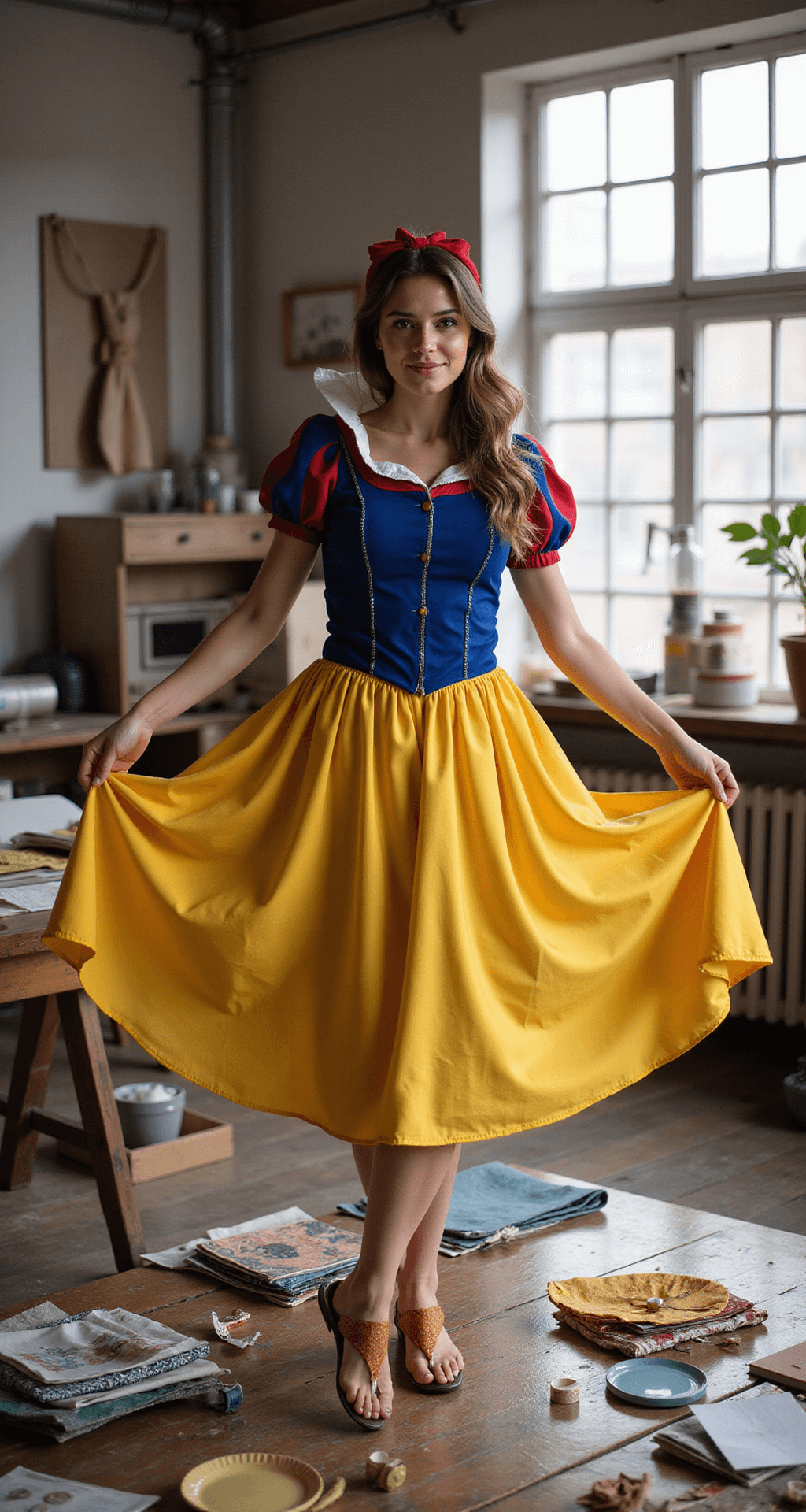 A woman twirling in a DIY Snow White costume in a cozy sewing studio, surrounded by fabric swatches and sewing materials on a rustic wooden table, with morning light streaming through industrial windows illuminating the costume's details.