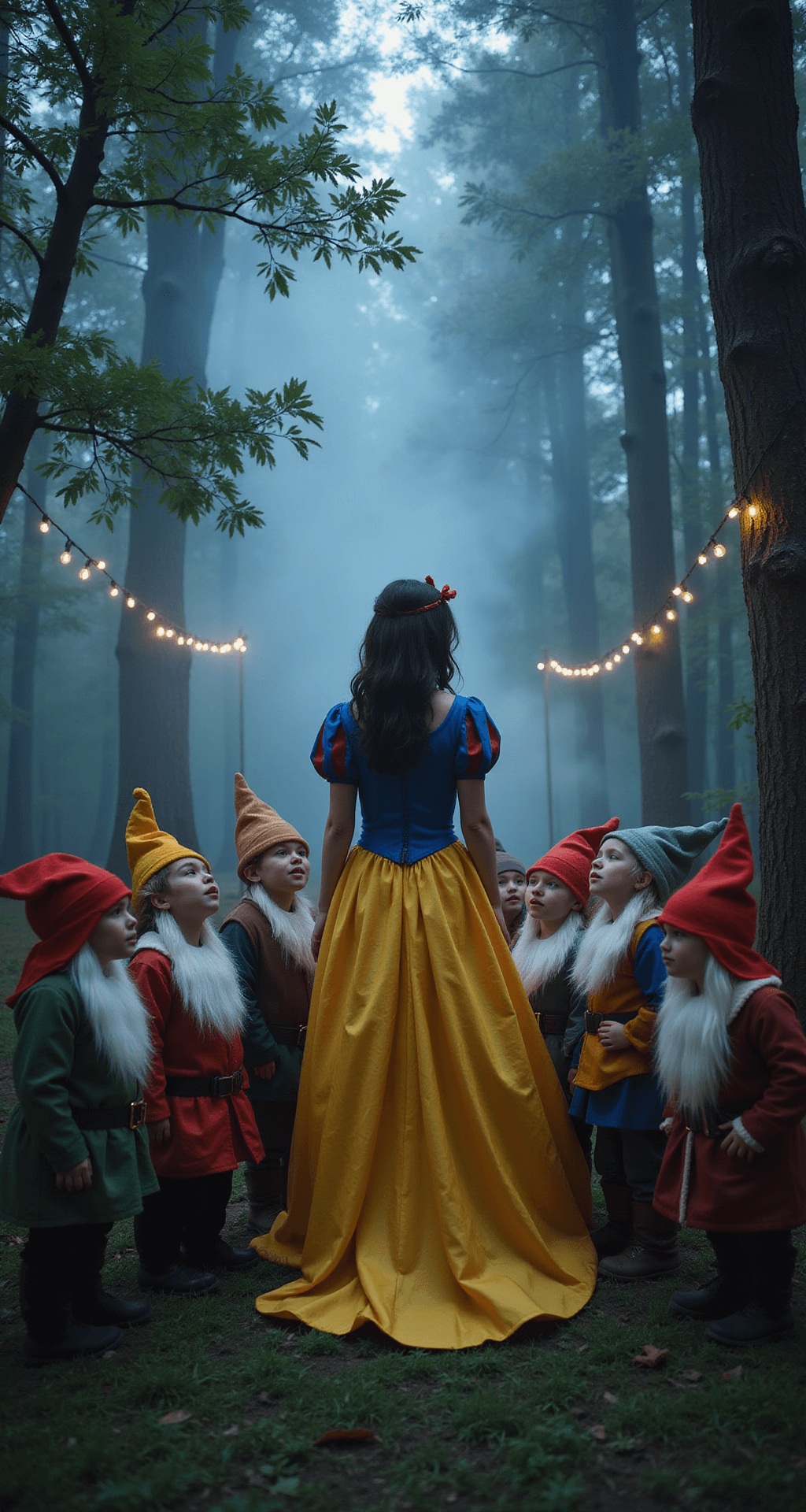 A magical dusk scene featuring Snow White surrounded by seven uniquely dressed dwarfs in an enchanted forest, with atmospheric fog and twinkling string lights illuminated by professional backlighting through the trees.