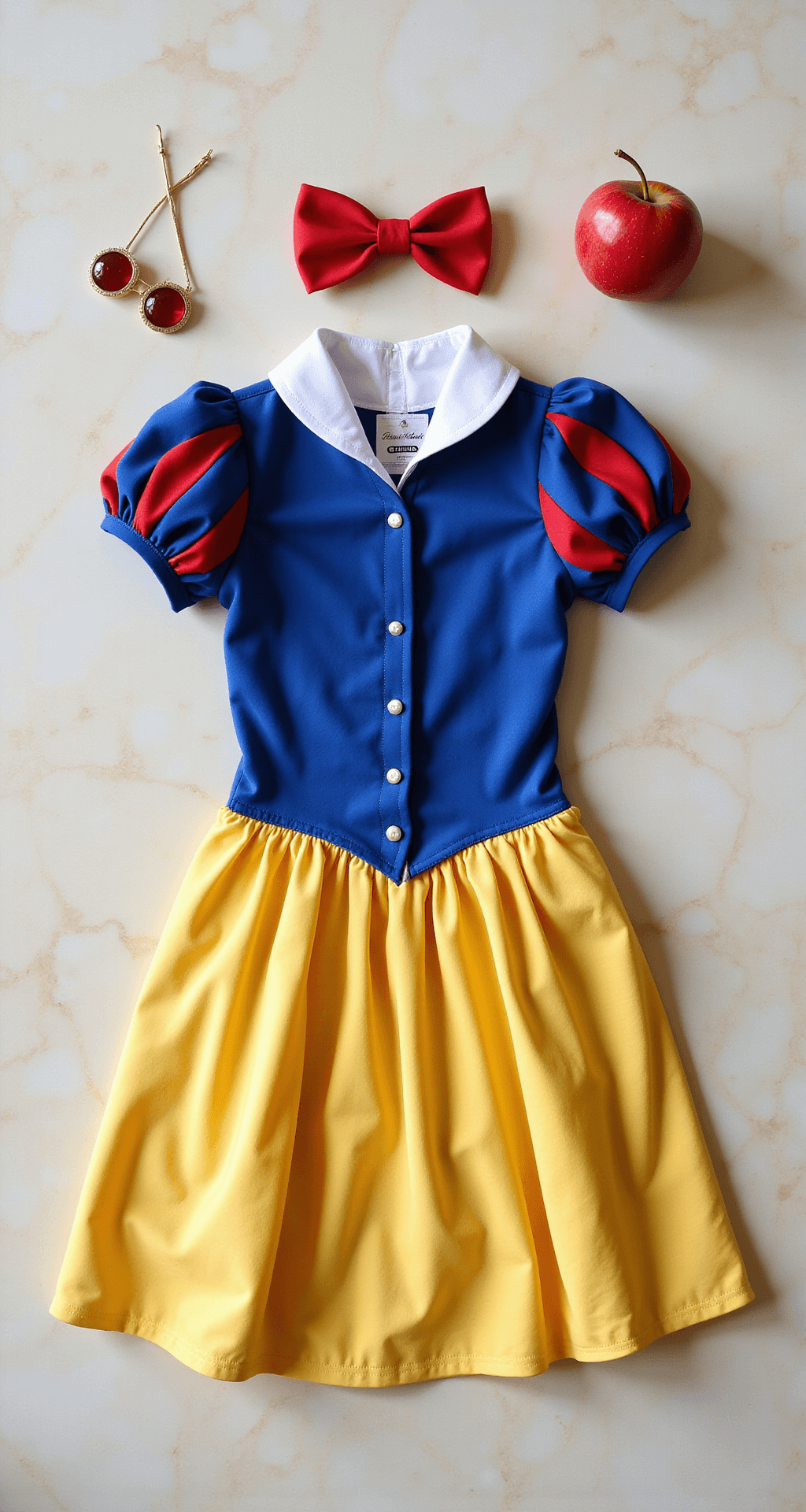 Flat-lay image of Snow White costume elements on a cream marble surface, featuring a blue bodice, yellow skirt, red bow, white collar, and a red apple, all styled artistically under soft, diffused overhead lighting.