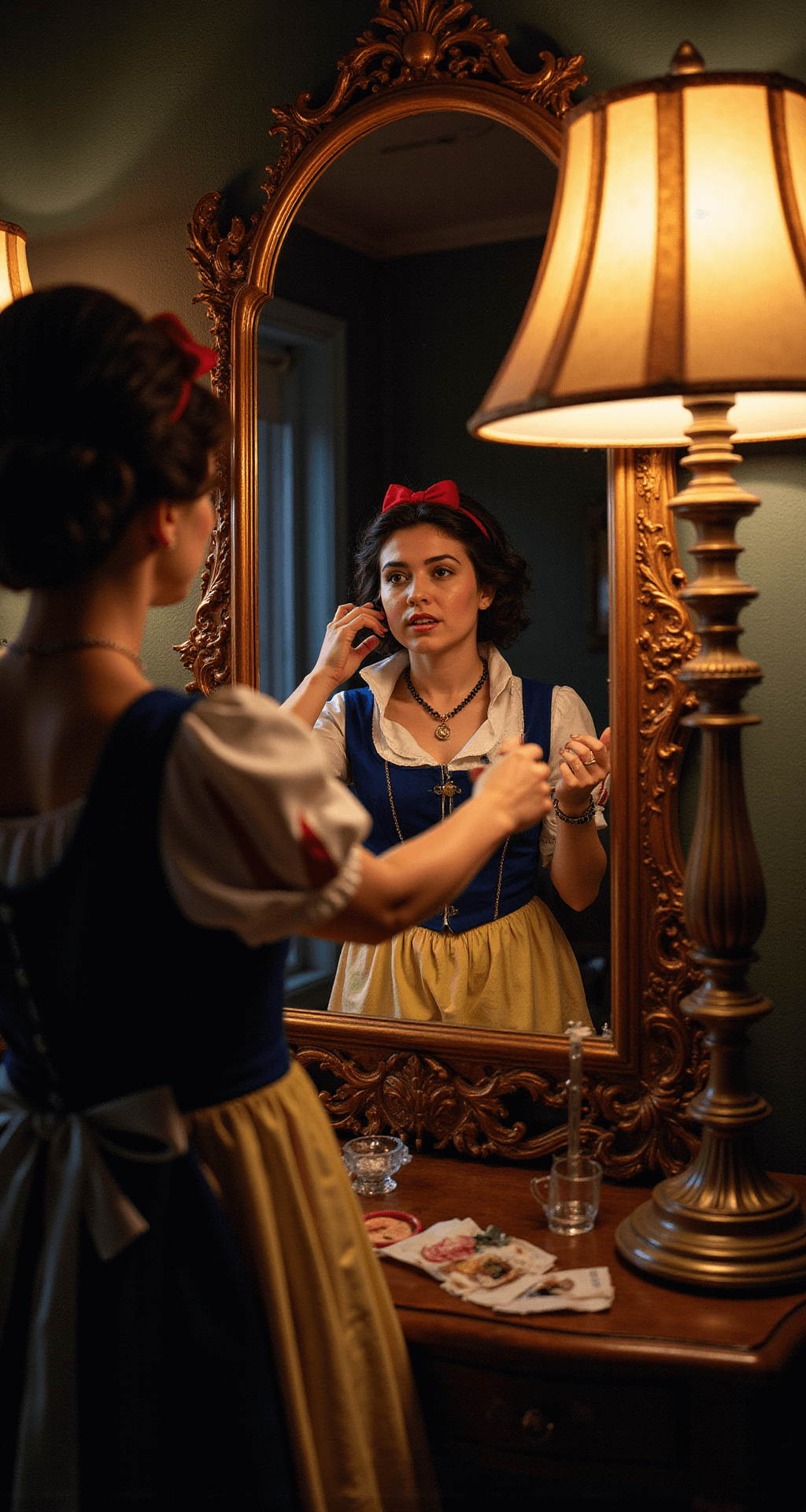 Behind-the-scenes shot of costume preparation in a vintage-style vanity corner, featuring a Victorian mirror reflecting a Snow White transformation, with wig styling, makeup application, and costume adjustments illuminated by warm antique lamp light.