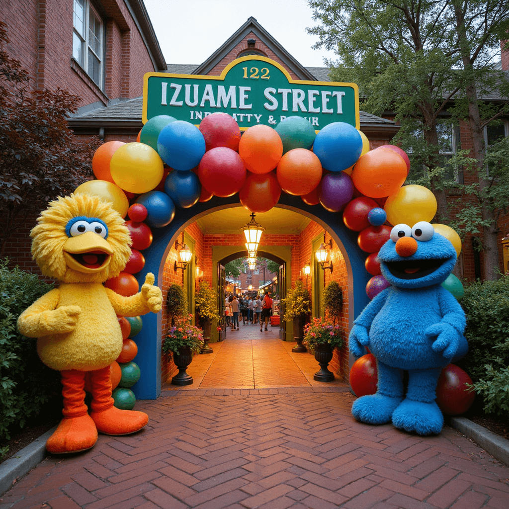 A vibrant Sesame Street-themed welcome area featuring a handcrafted street sign, a red brick path, life-sized character standees of Elmo, Big Bird, and Cookie Monster, a grand primary color balloon arch, and warm lighting, viewed from a child's perspective.