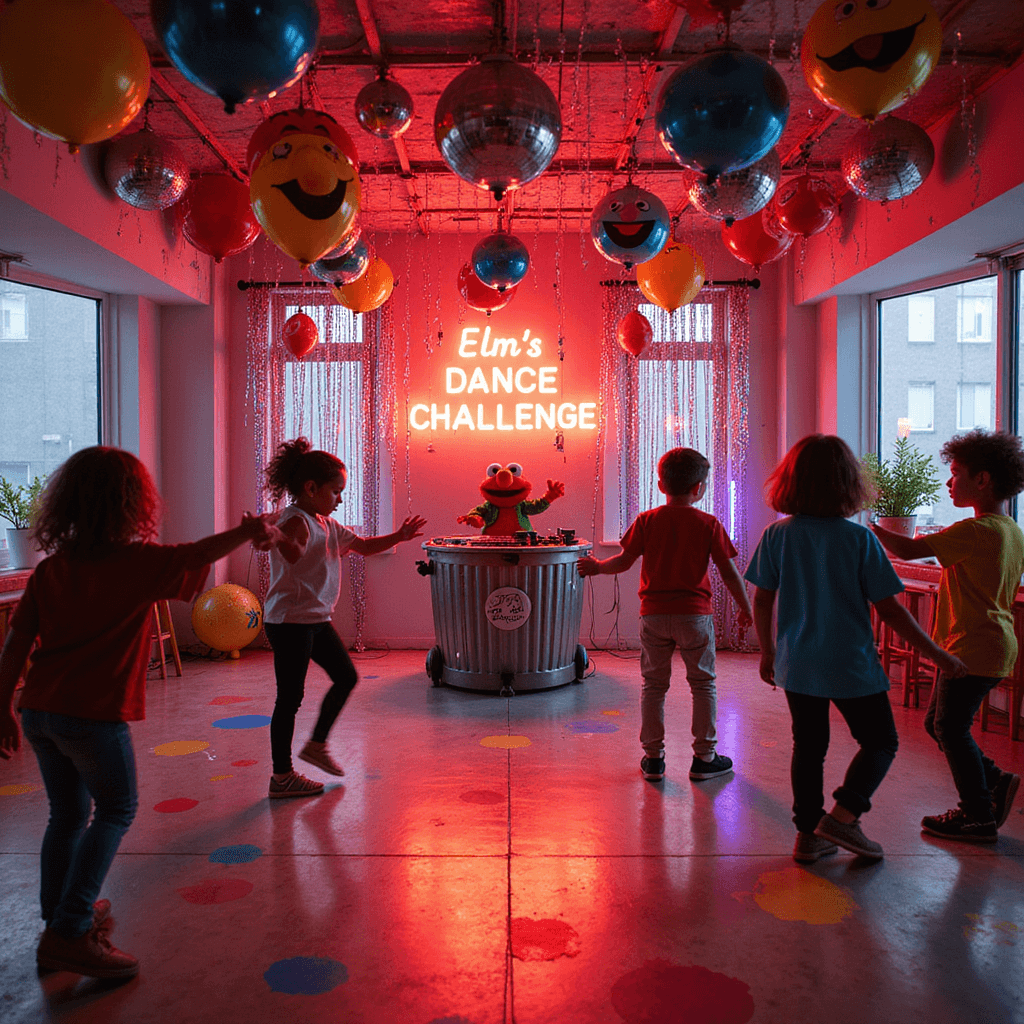 A lively dance party in a modern apartment, featuring a DJ booth resembling Oscar the Grouch's trash can, colorful dance step decals on a polished concrete floor, shimmering streamers in Sesame Street colors, oversized character-shaped balloons overhead, and neon signs saying 'Elmo's Dance Challenge,' all captured with a fish-eye lens to highlight the fun atmosphere.