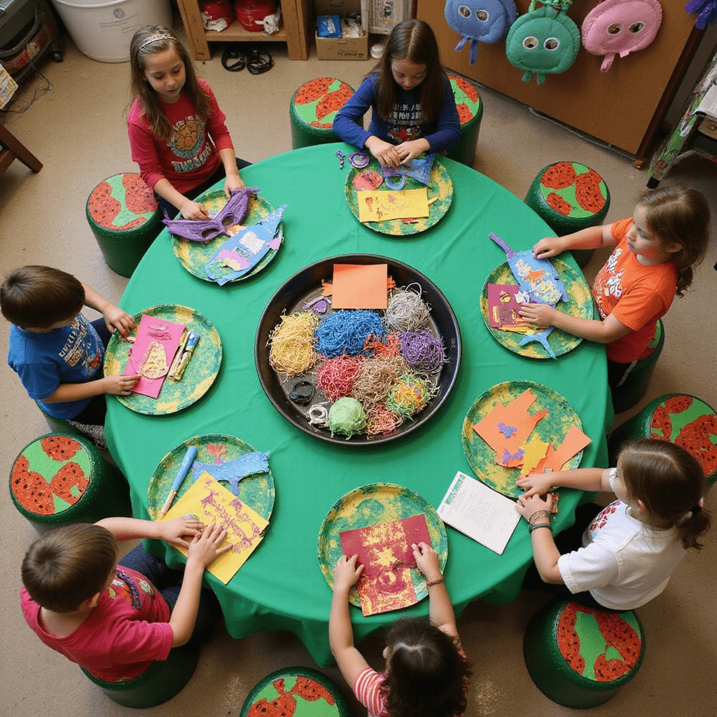 An overhead view of a TMNT-themed craft station featuring a green tablecloth with turtle shell patterns, organized craft supplies in pizza box lids, and children engaged in various craft activities, with completed masks displayed on a clothesline.