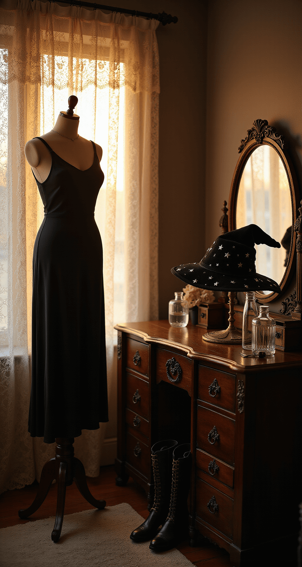 A vintage-style boudoir with golden hour light filtering through lace curtains, featuring a sleek black dress on an ornate mannequin, surrounded by witch costume accessories on a Victorian vanity, including crystal bottles, a velvet witch hat, and buckled black boots, all highlighted with elegant shadows.
