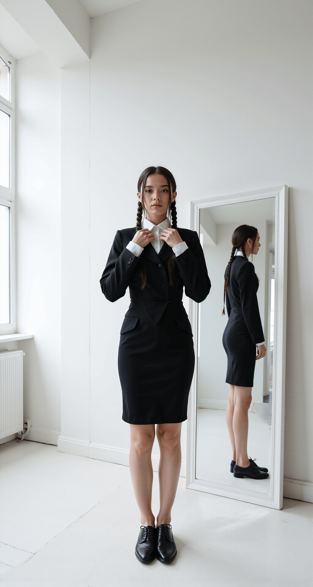 A young woman in a fitted black dress with long dark braids adjusts her white collar in a clean, minimalist white studio, illuminated by natural light from large windows. Her reflection in a full-length mirror showcases her black oxford shoes, emphasizing the stark contrast of her pale complexion against the dark attire.