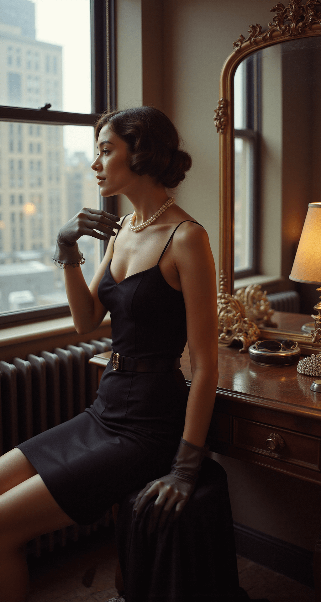 A glamorous model resembling Holly Golightly stands in a luxurious Manhattan apartment at dawn, wearing a slim black dress and pearl necklace, with soft city light creating gentle shadows. Opera gloves are draped over a vintage vanity, alongside oversized sunglasses and a crystal tiara, all captured in a classic cinematographic style.