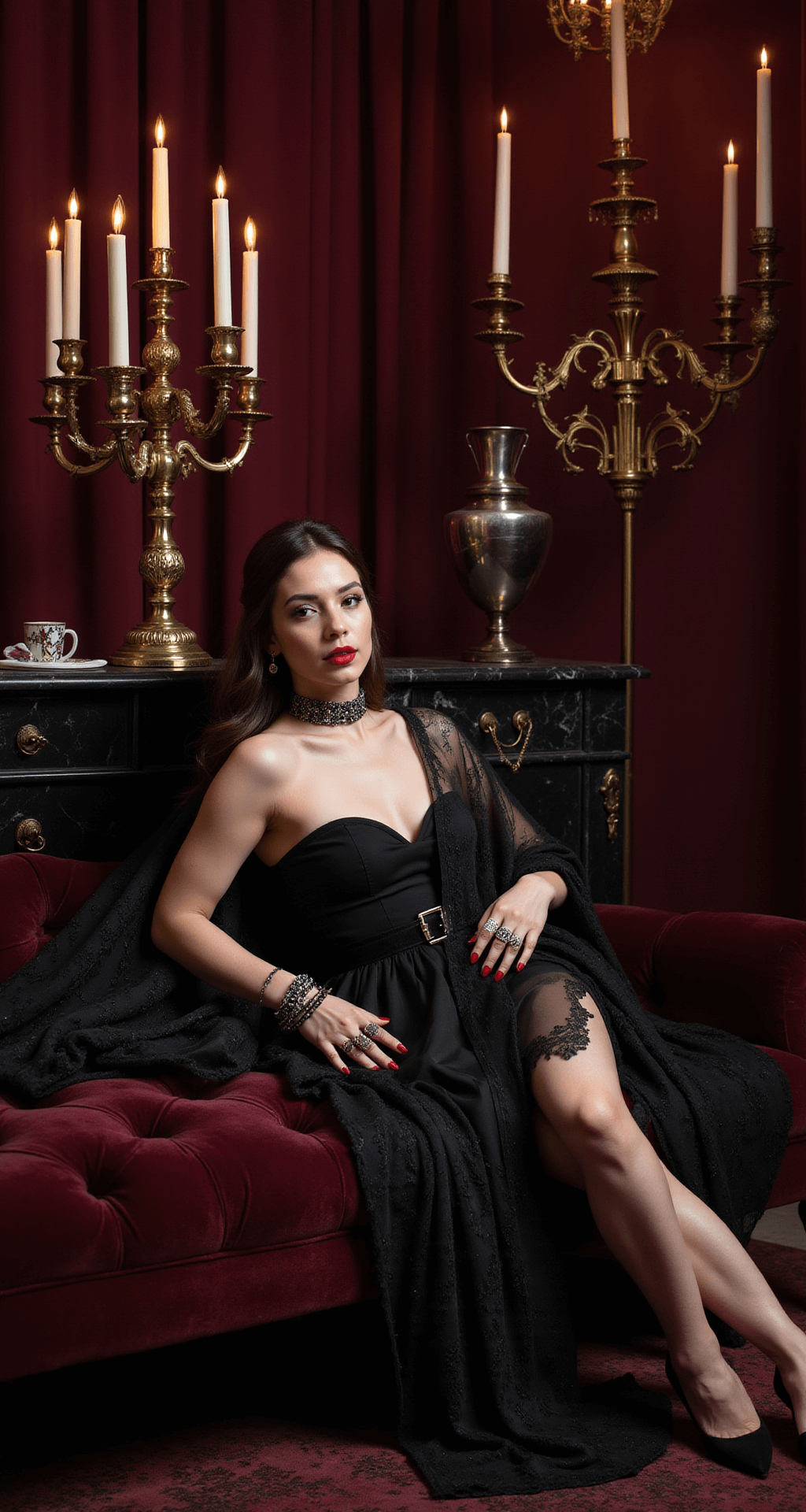 A gothic-inspired bedroom featuring a deep burgundy velvet chaise lounge adorned with a black cocktail dress and vintage accessories, with candelabras casting dramatic shadows. A sheer black cape trails alongside, and a side table displays red lipstick and faux fangs on black marble. Professional lighting highlights the luxurious textures.