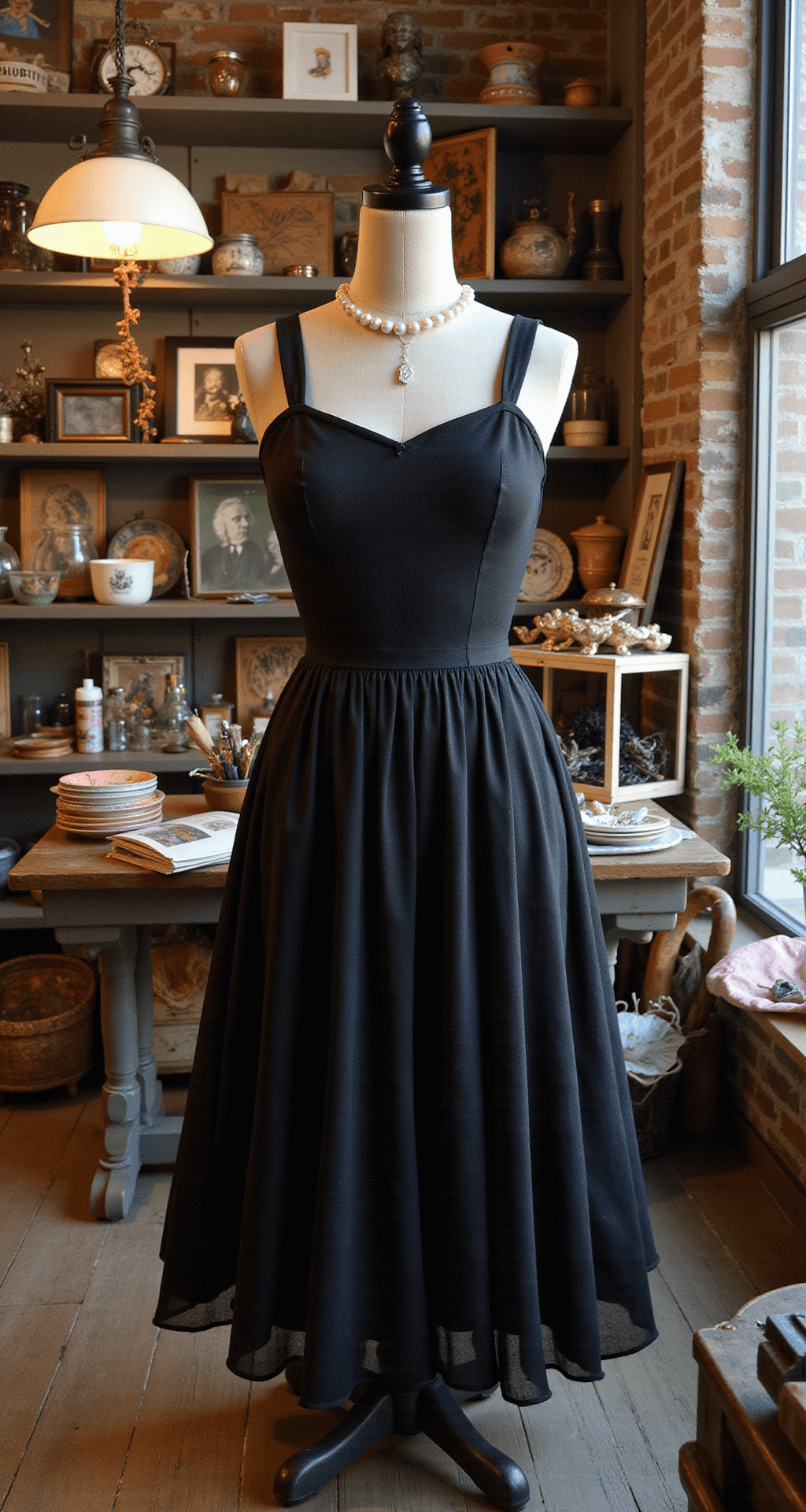 A cozy thrift store interior featuring a black dress on an antique dress form surrounded by vintage accessories, pearls, and costume jewelry, with DIY craft supplies and handmade wings arranged in a flat lay composition. The warm ambient lighting enhances the budget-friendly Halloween transformation atmosphere.