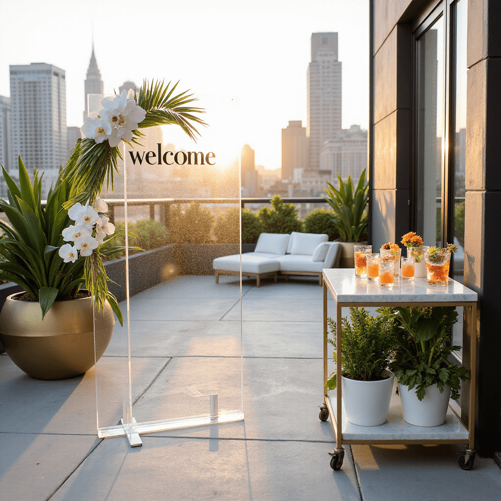 A modern rooftop terrace wedding setup featuring a sleek acrylic welcome sign with white orchids and monstera leaves, overlooking a city skyline at sunrise, with minimalist lounge furniture, gold planters, and a marble bar cart displaying signature cocktails.