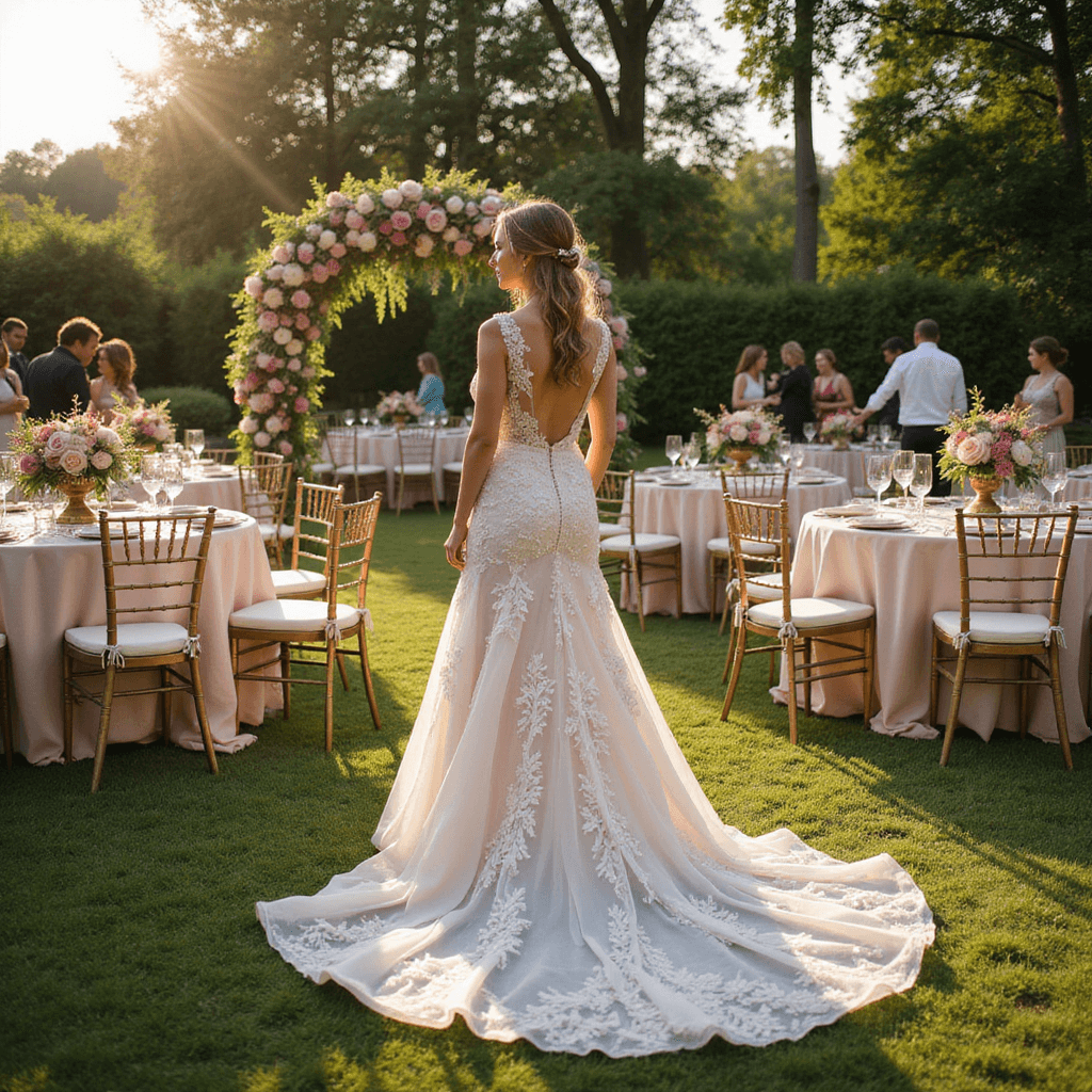 A bride in a floral-embroidered A-line gown stands beneath a grand floral arch in a sun-drenched garden wedding. Round tables with blush linens and lush centerpieces are scattered on the manicured lawn, where guests mingle, sipping champagne from crystal flutes in a warm, dreamy atmosphere.