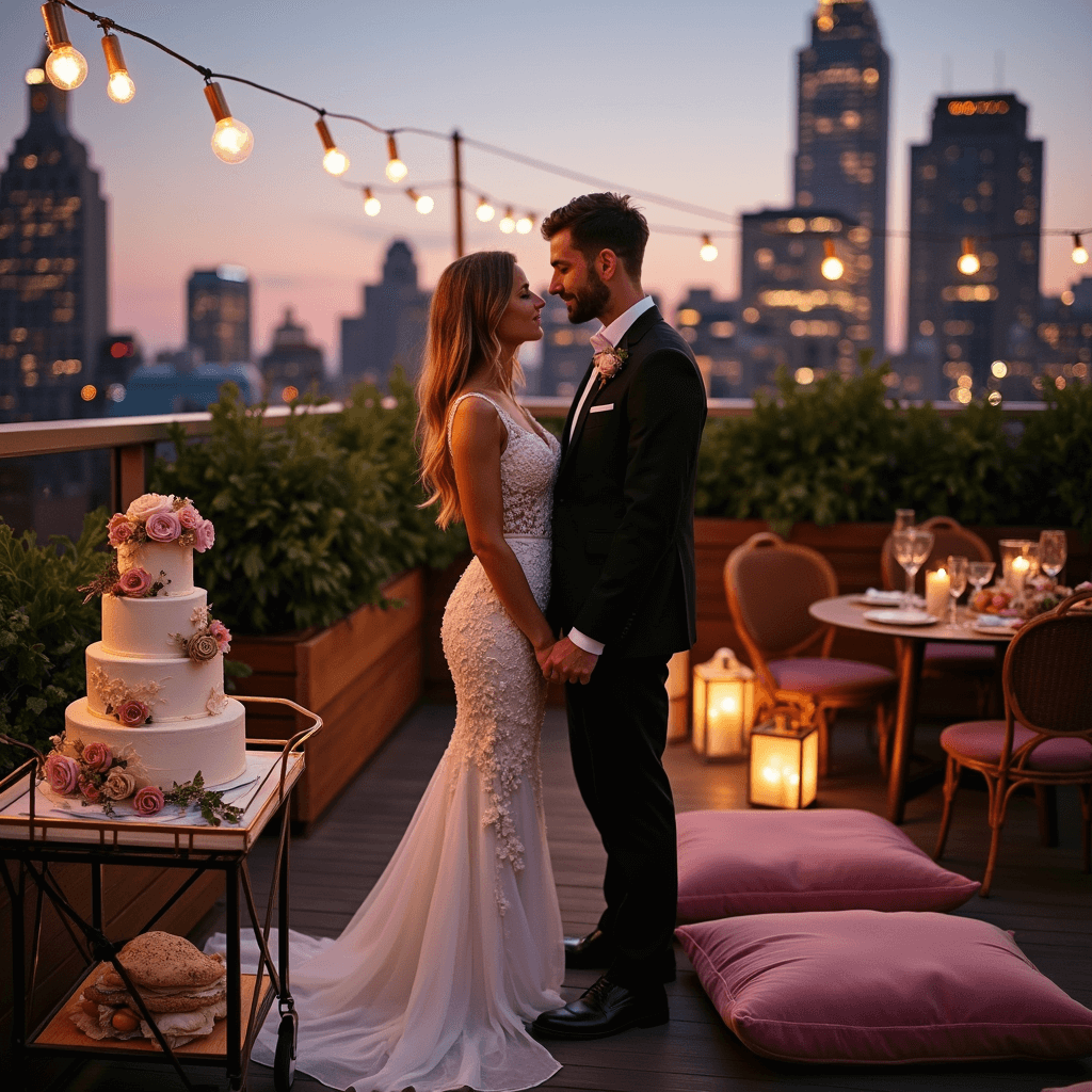 An intimate rooftop terrace wedding at twilight, featuring a bride in a mermaid gown with floral appliqués, surrounded by fairy lights and cozy seating. A dessert cart displays a tiered naked cake with fresh flowers, set against a vibrant city skyline at dusk.