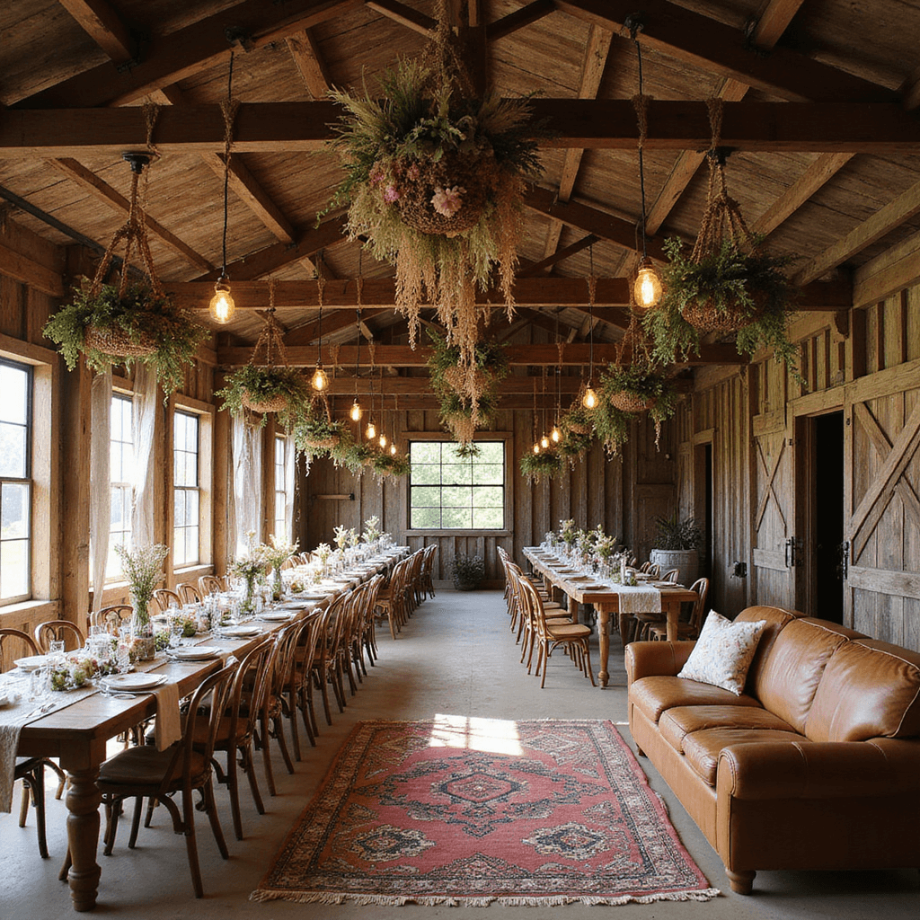 A rustic barn wedding decorated with bohemian elements, featuring a bride in a whimsical wildflower-printed gown, long wooden tables with macramé runners, mismatched vintage chairs, hanging floral installations, a cozy lounge with leather sofas and Moroccan rugs, and warm lighting from mason jars and Edison bulbs.