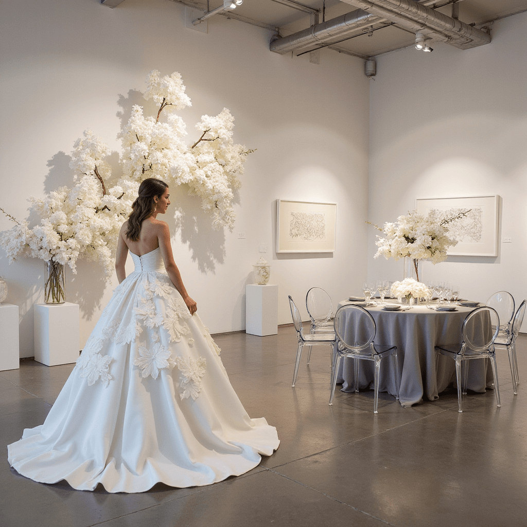 A minimalist wedding in a modern art gallery features a bride in a structured ball gown adorned with oversized white floral appliqués, surrounded by sleek decor including ghost chairs, dove grey silk-draped tables, and dramatic single-stem floral arrangements, all highlighted by soft uplighting and a backdrop of cascading white flowers.