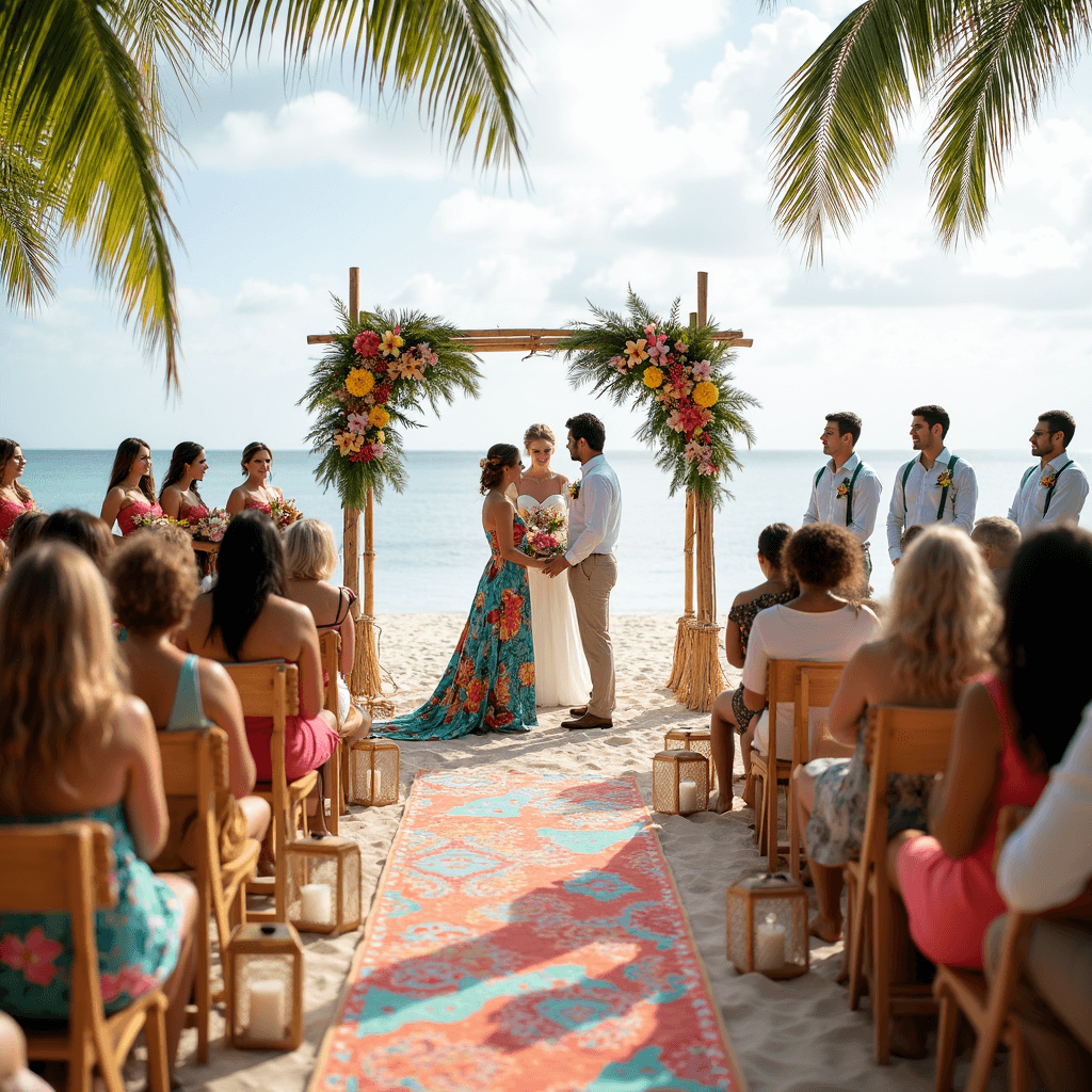 A vibrant beachfront wedding celebration featuring a bride in a colorful botanical print dress, a bamboo ceremony arch adorned with tropical flowers, natural wood benches with ikat fabrics, tiki torches, and a lively color palette of turquoise, coral, and sunny yellow.