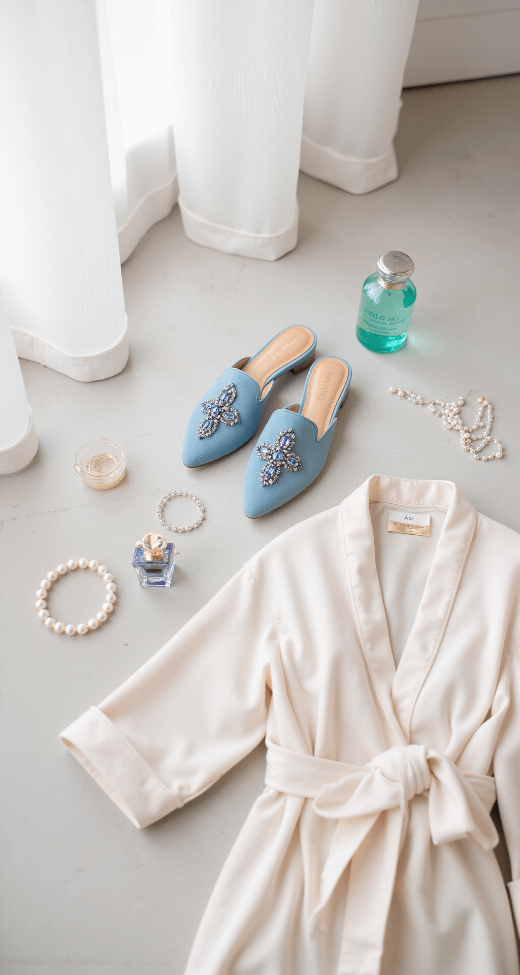 A styled flat lay featuring Something Bleu's Elvie Mules in powder blue suede, surrounded by pearl jewelry, vintage perfume bottles, and a cream silk robe, set on marble flooring with white walls illuminated by soft morning light through sheer curtains.