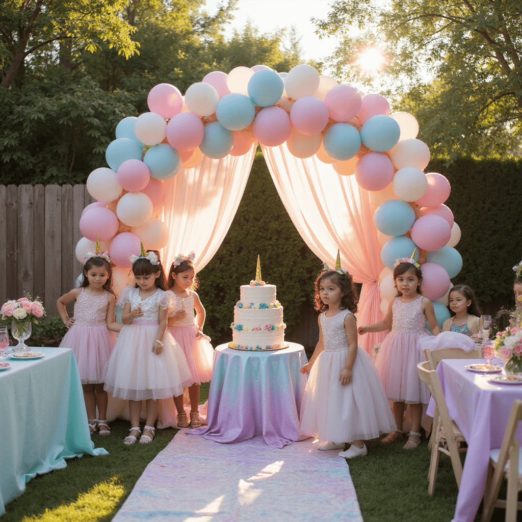 A vibrant backyard birthday party themed around unicorns, featuring a pastel balloon arch, iridescent tables, glittering unicorn centerpieces, a tiered cake with a golden unicorn topper, and children wearing shimmering horn headbands, all illuminated by warm late afternoon light.