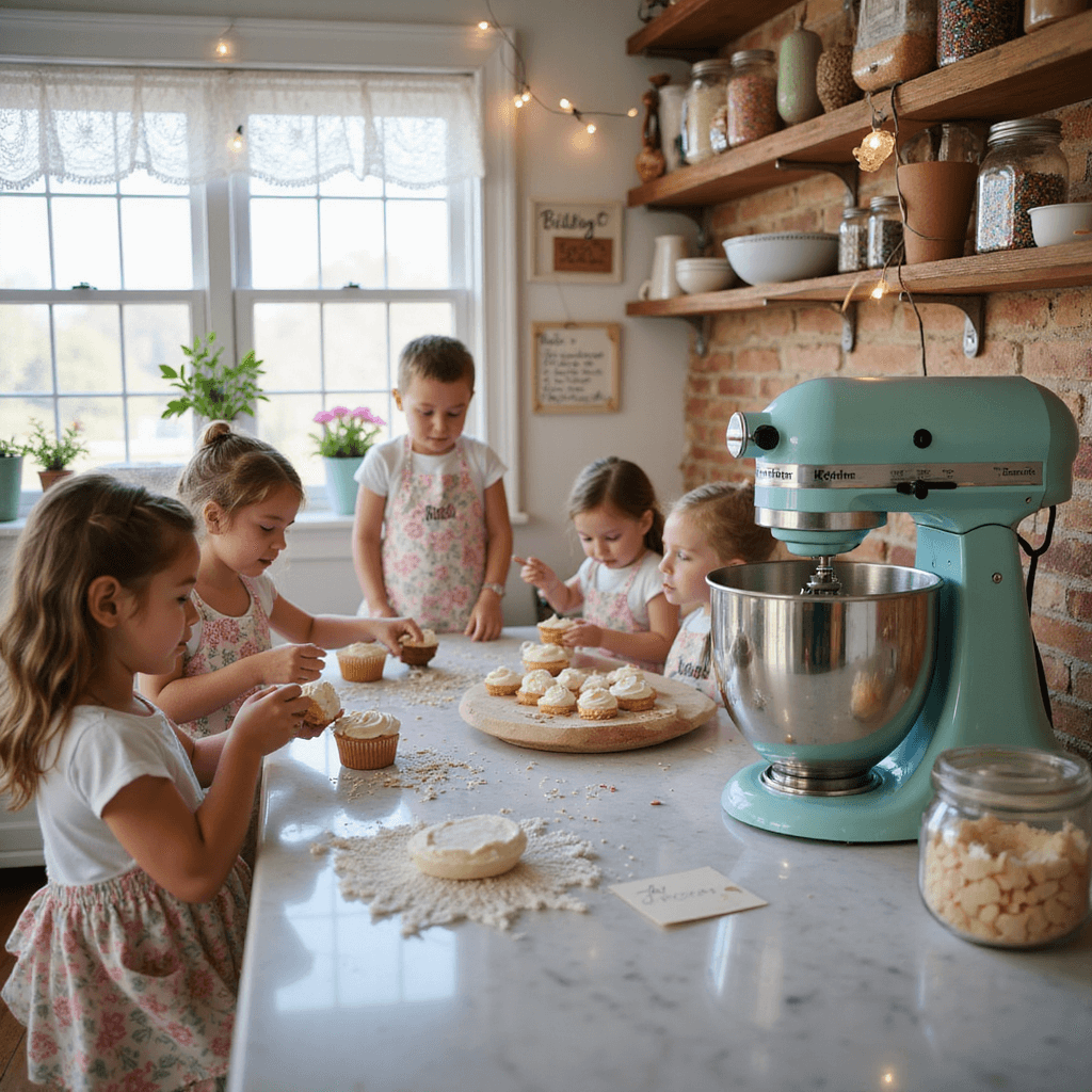 A colorful baking birthday party in a sunny kitchen, featuring children in floral aprons decorating cupcakes with frosting, surrounded by pastel mixing bowls, a vintage KitchenAid mixer, and Mason jars filled with cookie cutters, all illuminated by warm fairy lights.