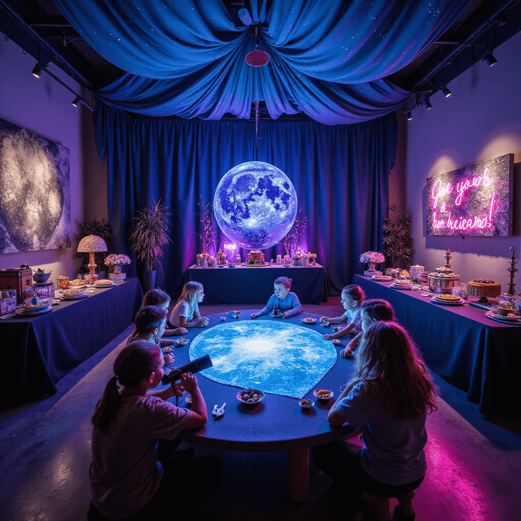 A vibrant Galaxy Explorer party in a modern loft with deep blue and purple fabrics, LED stars, and interactive stations for cosmic slime and constellation art. A stunning floating cake and planet cake pops adorn the dessert table, while children gather around a low table with moon lamps and telescopes, exploring an augmented reality star map in a glowing, space-themed atmosphere.