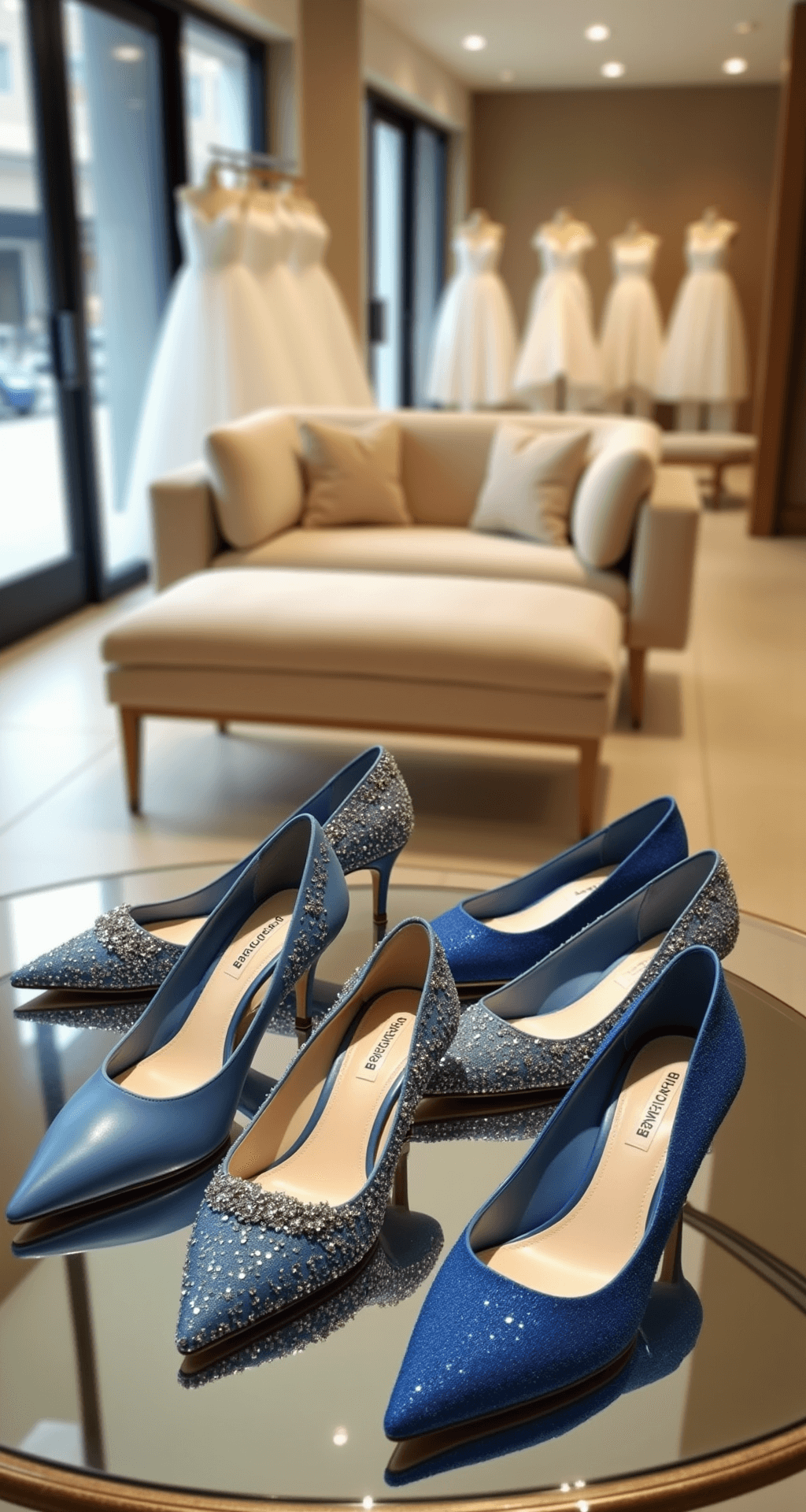 Contemporary bridal salon interior featuring champagne-colored velvet seating and mid-afternoon lighting, highlighting an array of Badgley Mischka blue wedding shoes on a mirrored display table, including embellished high heels and elegant flats.