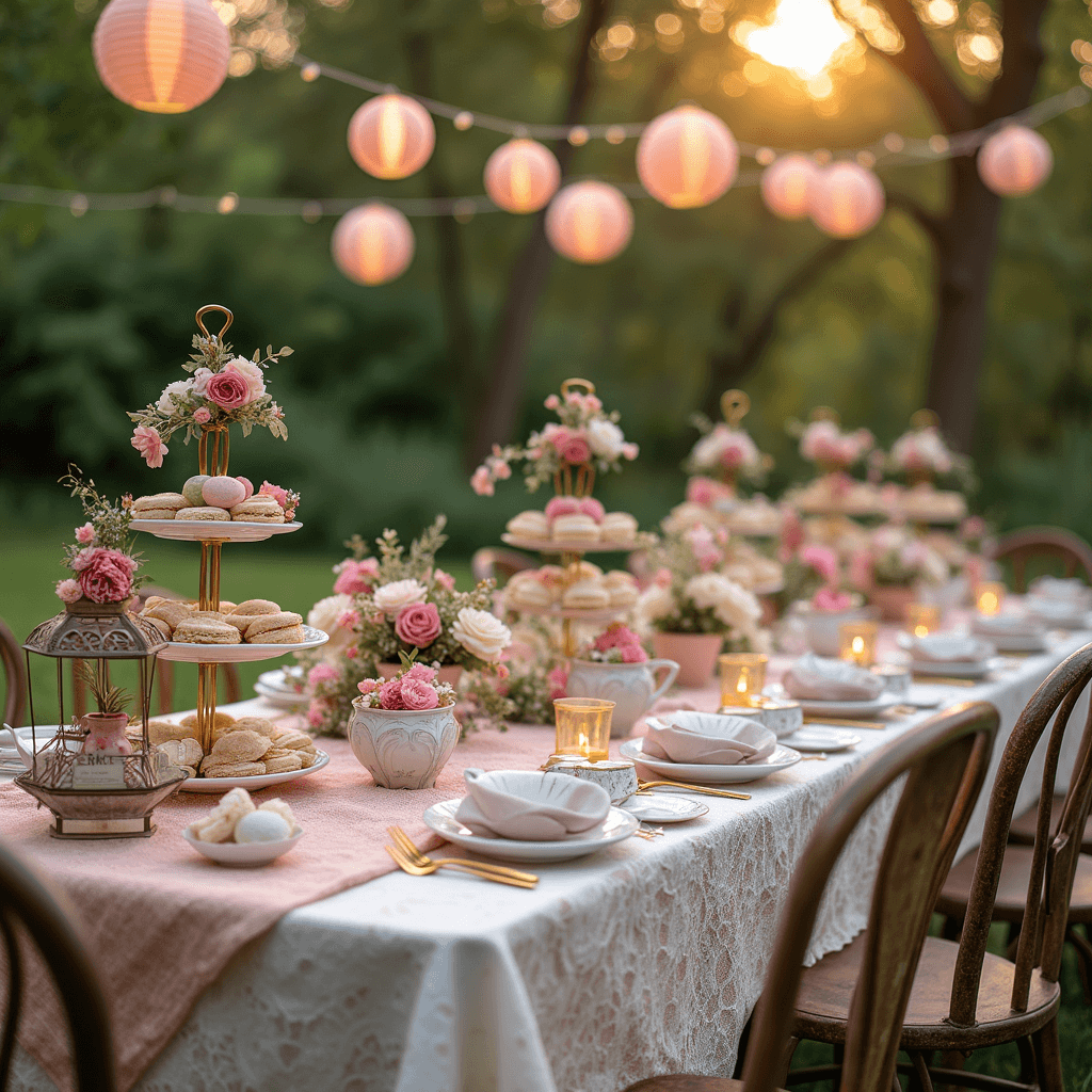 A whimsical outdoor tea party in a lush garden, featuring mismatched vintage chairs around a lace-draped table with fine china, tiered stands of sandwiches and macarons, flower crowns, and warm golden hour lighting.