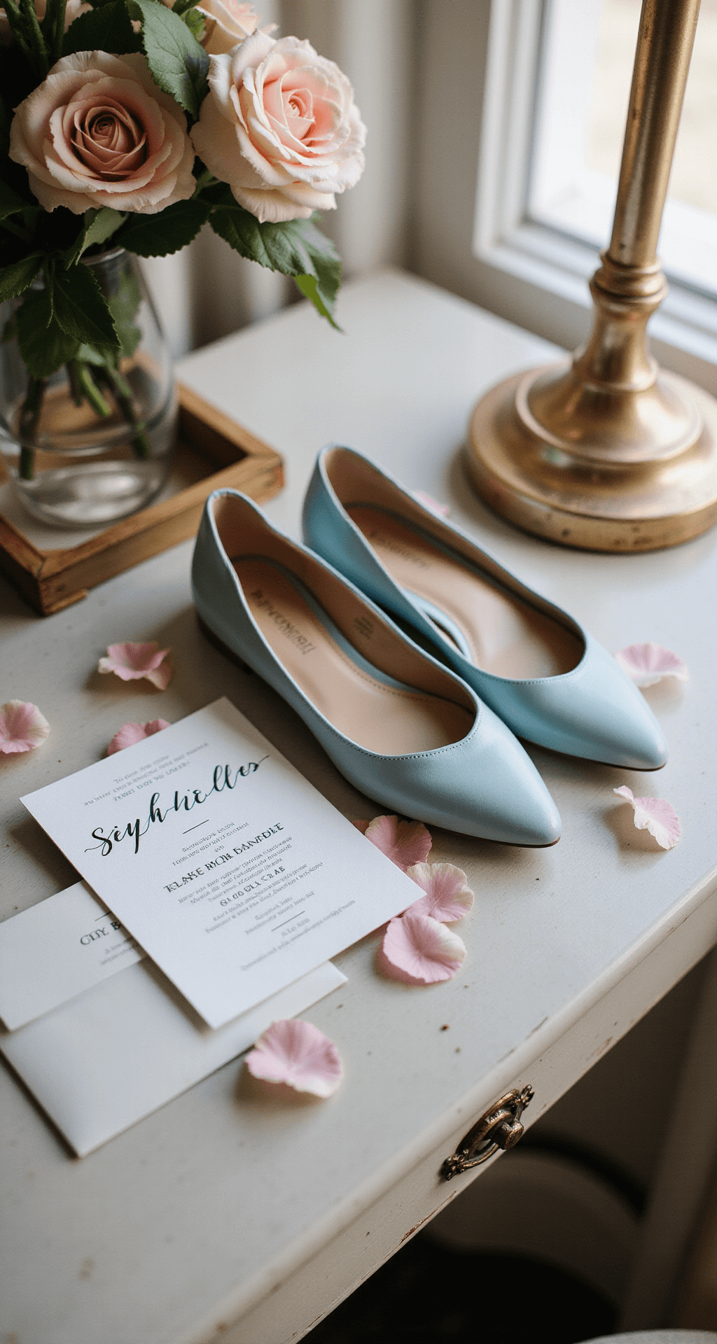 Close-up of Seychelles Take My Hand D'Orsay flats in baby blue on an antique vanity, surrounded by scattered rose petals and a wedding invitation suite, with soft, diffused window light casting elegant shadows.