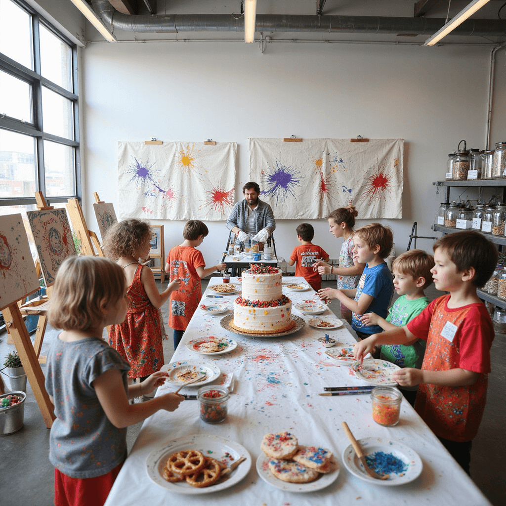 A vibrant art-themed celebration in a bright studio with easels showcasing colorful canvases, a collaborative mural wall, and paint supplies. Kids in doodle-covered smocks engage in various creative activities around a paint-splattered cake and palette-shaped treats, all set against white walls and concrete floors.
