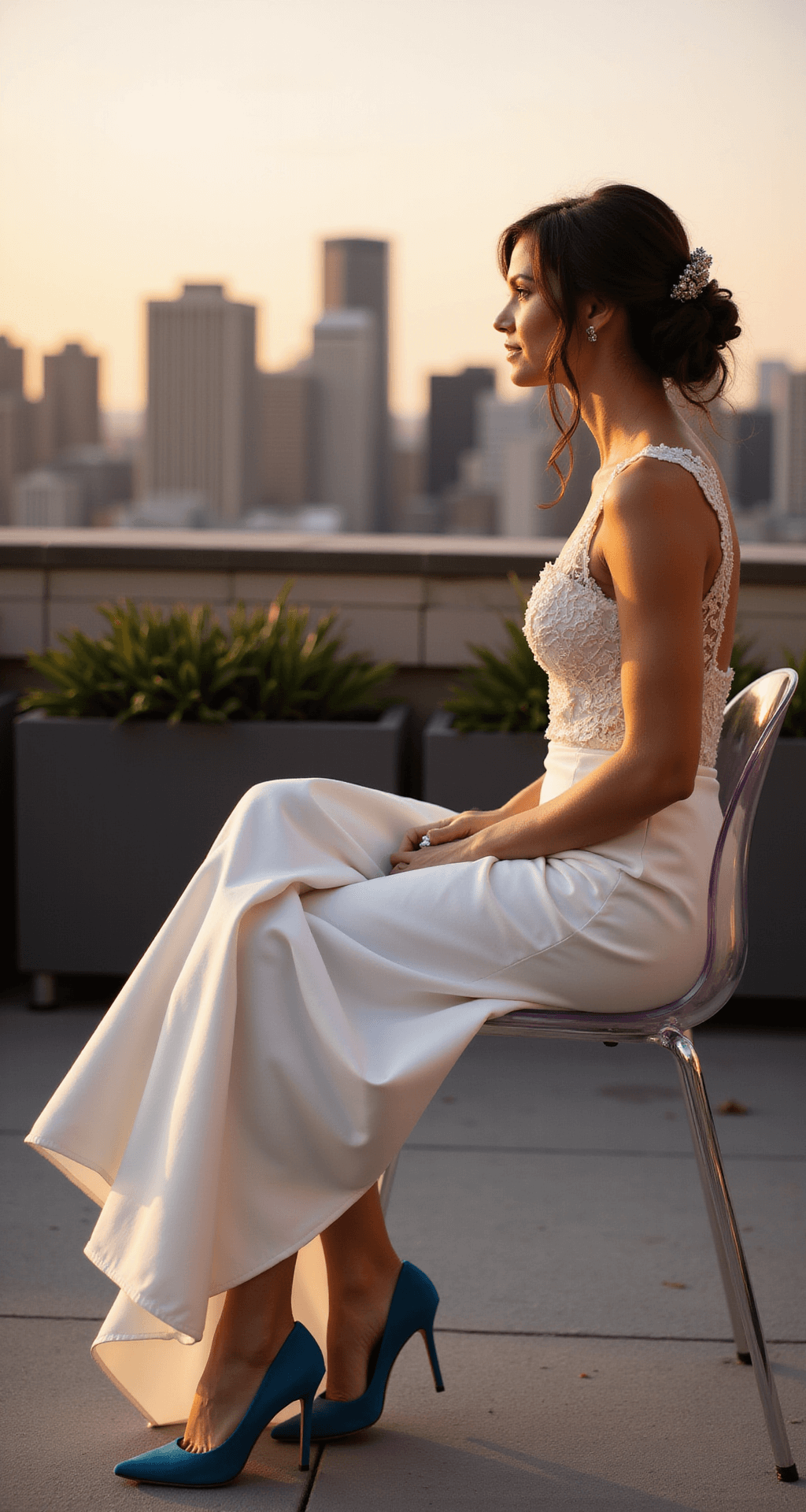 Bride in Blue by Betsey Johnson heels with signature blue soles, sitting on a ghost chair at an urban rooftop wedding venue. City skyline in the background bathed in warm golden sunset light, captured from a side angle highlighting the shoes' silhouette.