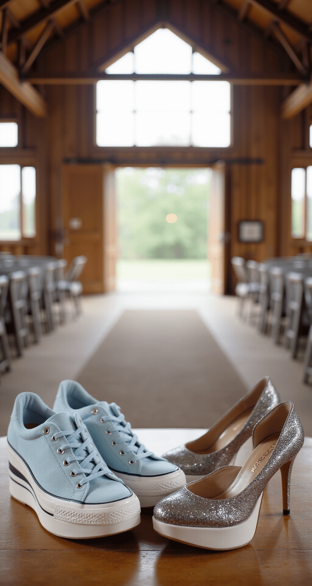 A rustic-chic barn wedding setting featuring pale blue Sidny platform sneakers displayed beside traditional heels, with natural light illuminating the metallic accents of both shoe styles. The interior shows the full context of the venue, highlighting the blend of modern and traditional elements.
