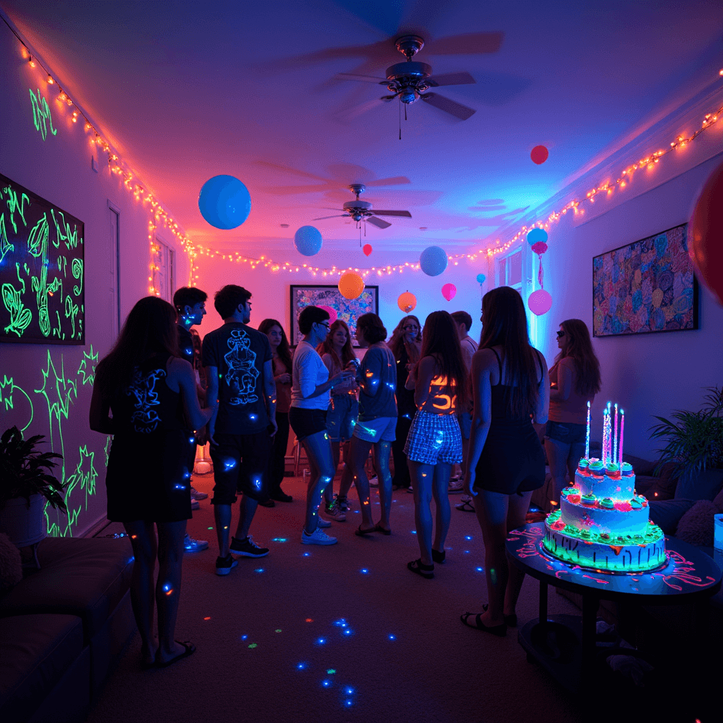 A lively glow-in-the-dark teen birthday party in a darkened living room, featuring blacklight-illuminated neon decorations, dancing teens with glow sticks, a DIY photo booth with a neon graffiti backdrop, glowing body paint, fairy lights, and a dessert table with glowing cupcakes and a tiered cake with LED candles.